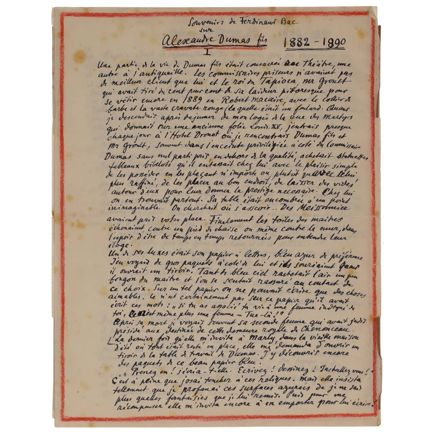 (Manuscrit) – Ferdinand BAC. Souvenirs sur Alexandre Dumas Fils 1882-1890. 3 pp. in-4.