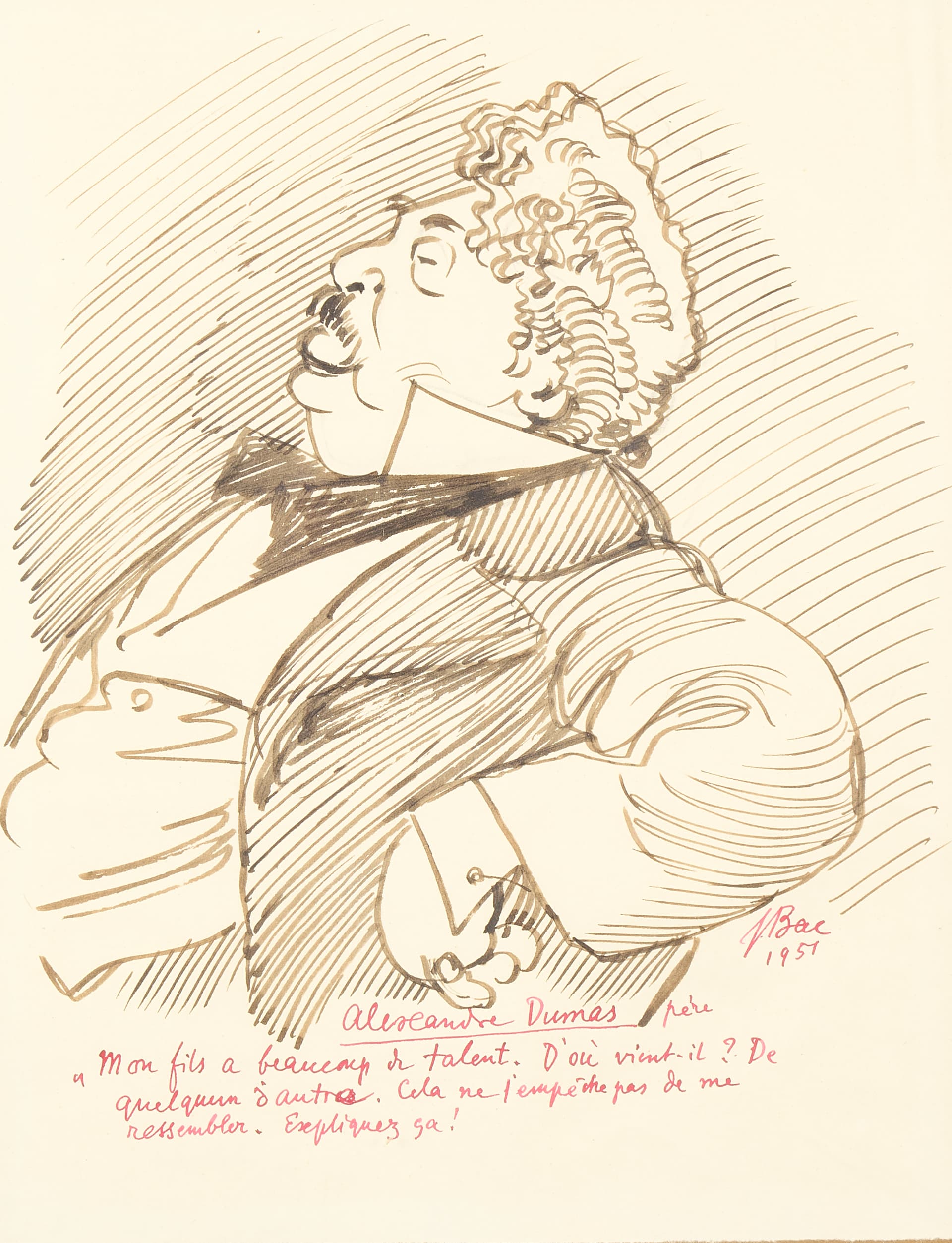 Ferdinand BAC. Portrait d’Alexandre Dumas père. 245 x 185 mm. Signé et daté 1951. Encadré.