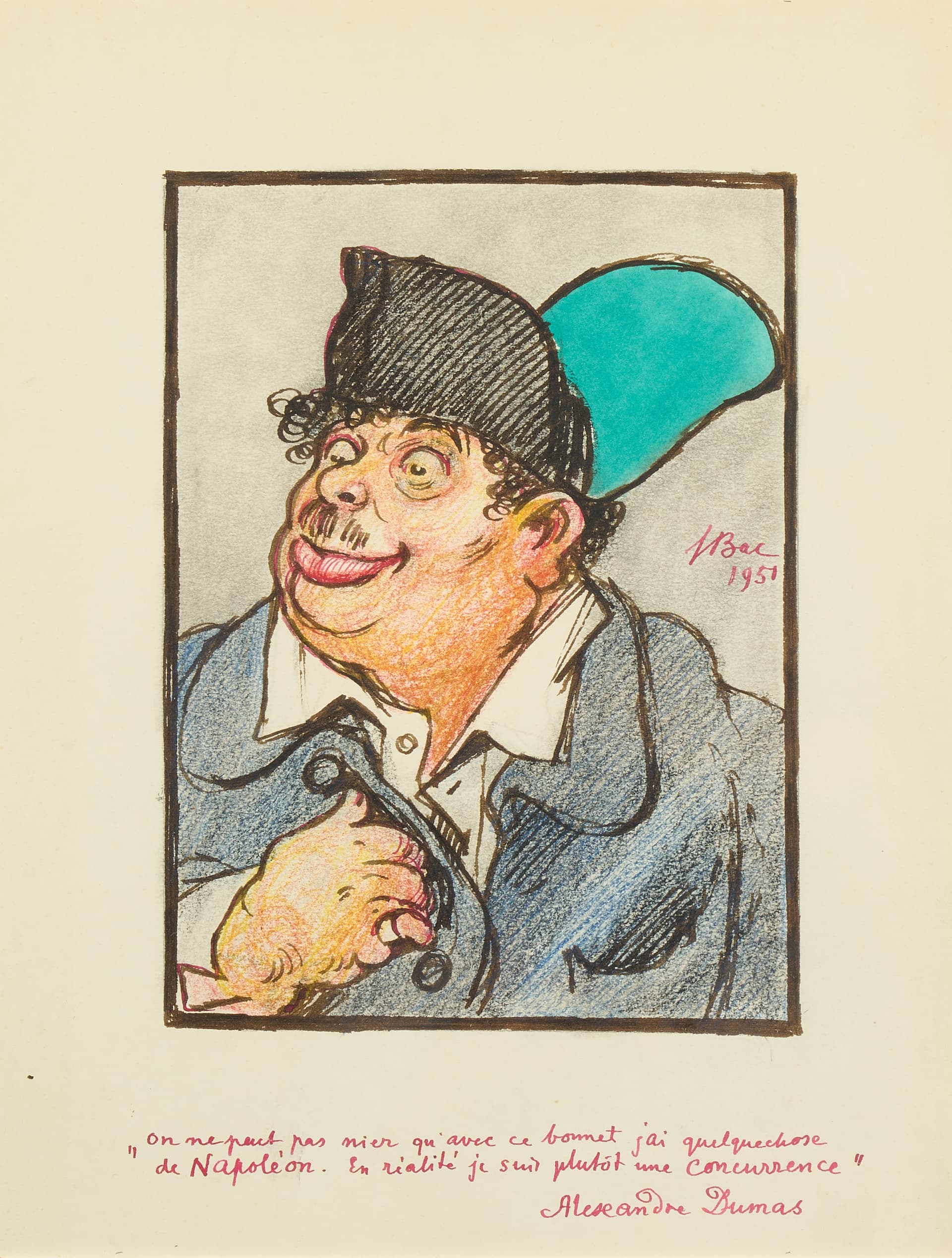 .Ferdinand BAC. Alexandre DUMAS. Caricature en couleurs. 200 x 145 mm. signée et datée, 1951. Encre et crayon de couleurs.