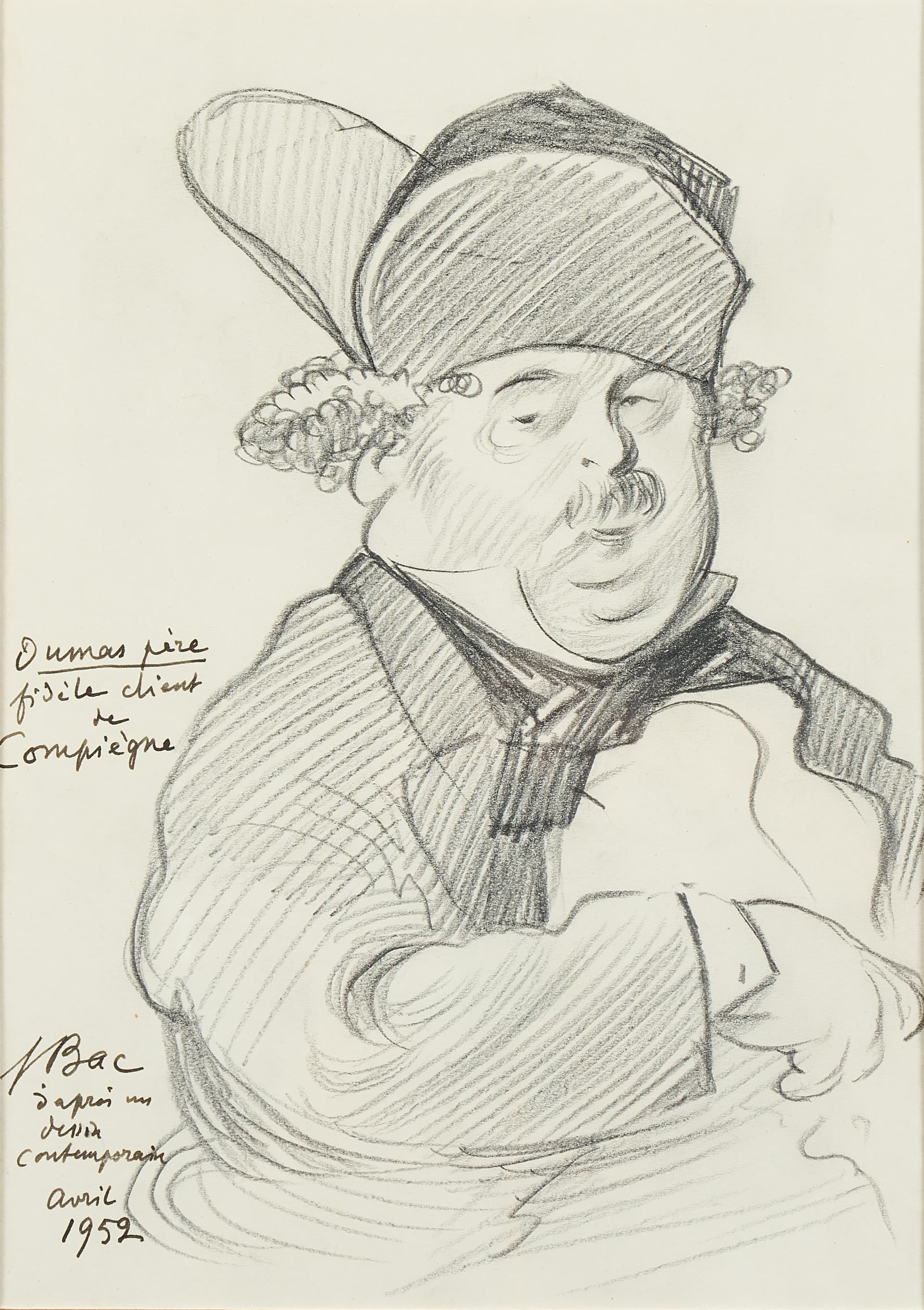 Ferdinand BAC. Alexandre DUMAS. Portrait. 260 x 185 mm. Signé et daté avril 1952.