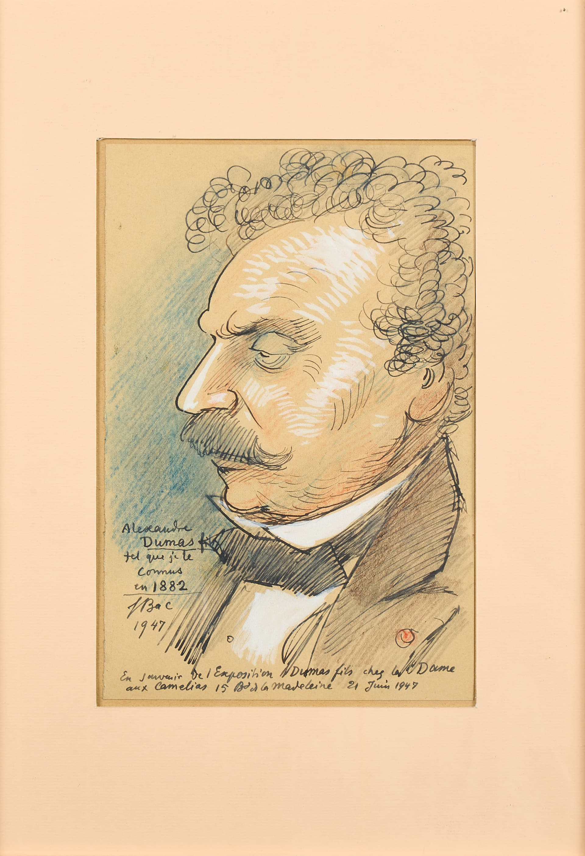 Ferdinand BAC. Alexandre DUMAS Fils. Portrait. 240 x 160 mm. Signé et daté 1947.