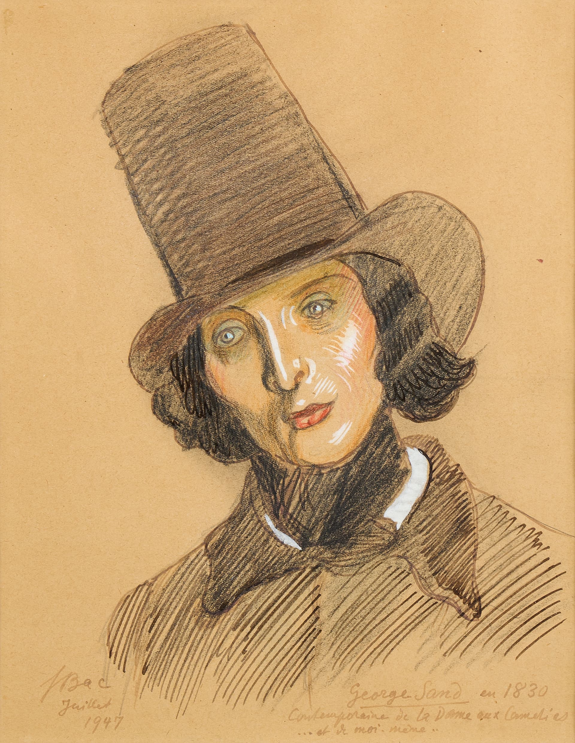 Ferdinand BAC. Portrait de George Sand. Daté et signé en bas à gauche juillet 1947.
