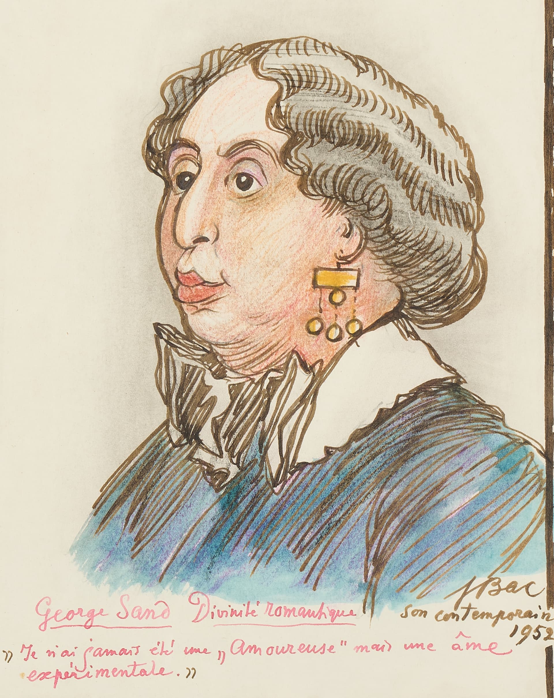 Ferdinand BAC. Portrait de George Sand. 24 x 18,50 cm. Daté 1952 et signé.