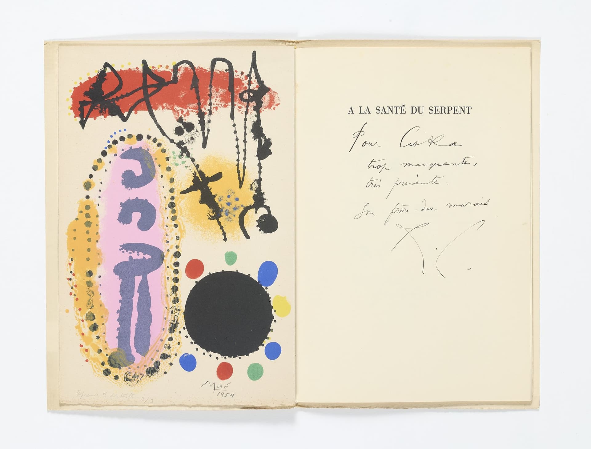 René CHAR. À la santé du serpent. Orné par Joan Mir. Paris, G.L.M., 1954. Grand in-8, cousu, étui en toile grise de l’éditeur.