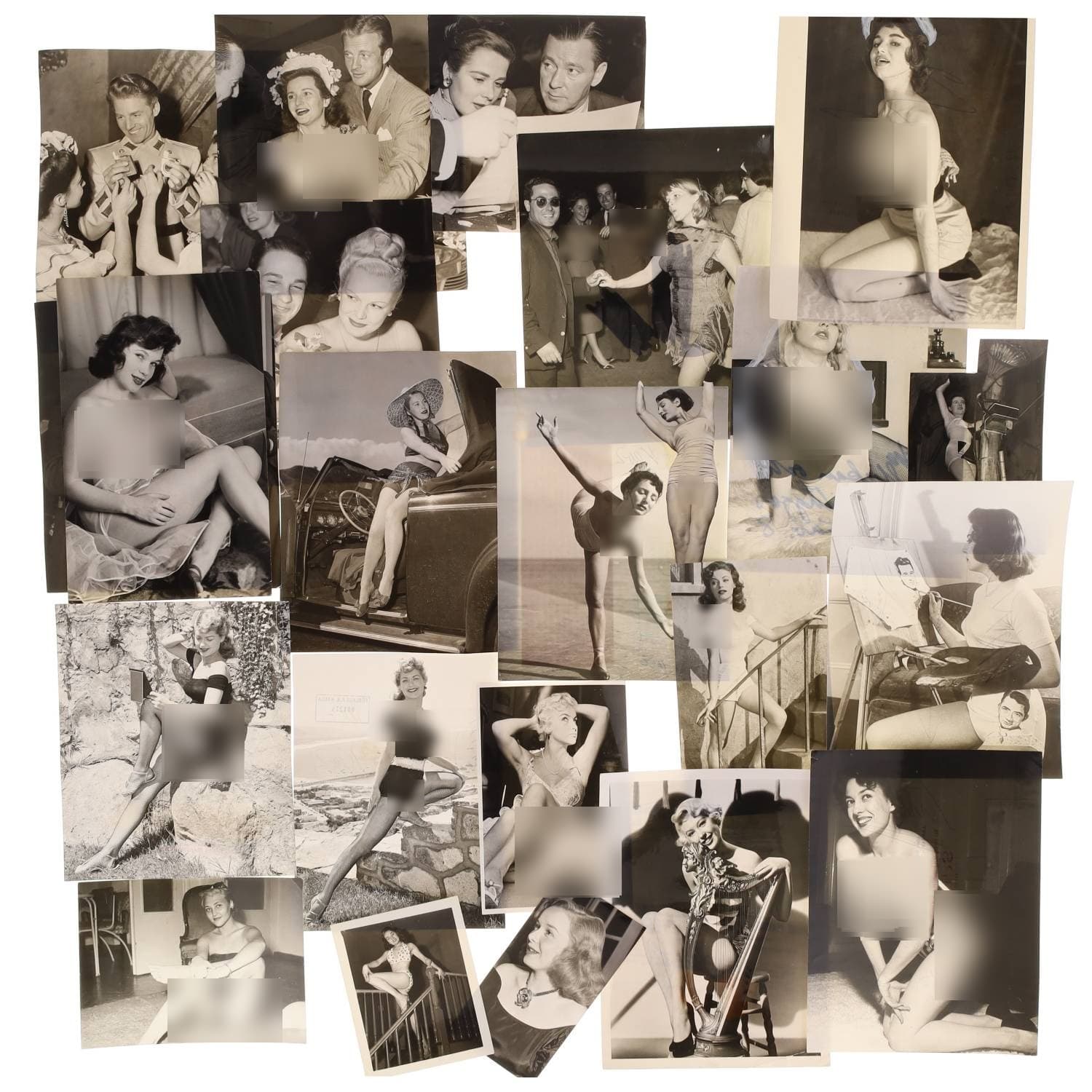 Cinéma, Hollywood, personnalités, Music-Hall, Pin-up et divers. Circa 1950-70. Ensemble d’une vingtaine de photographies, des tirages argentiques d’époque. Sur plusieurs versos, annotations manuscrites et/ou copyright (presse). Formats entiers moyens environ de 12,5 x 10 cm, 20 x 12 cm à 26 x 20 cm. Divers états dont cornures, taches et traces de manipulations.
