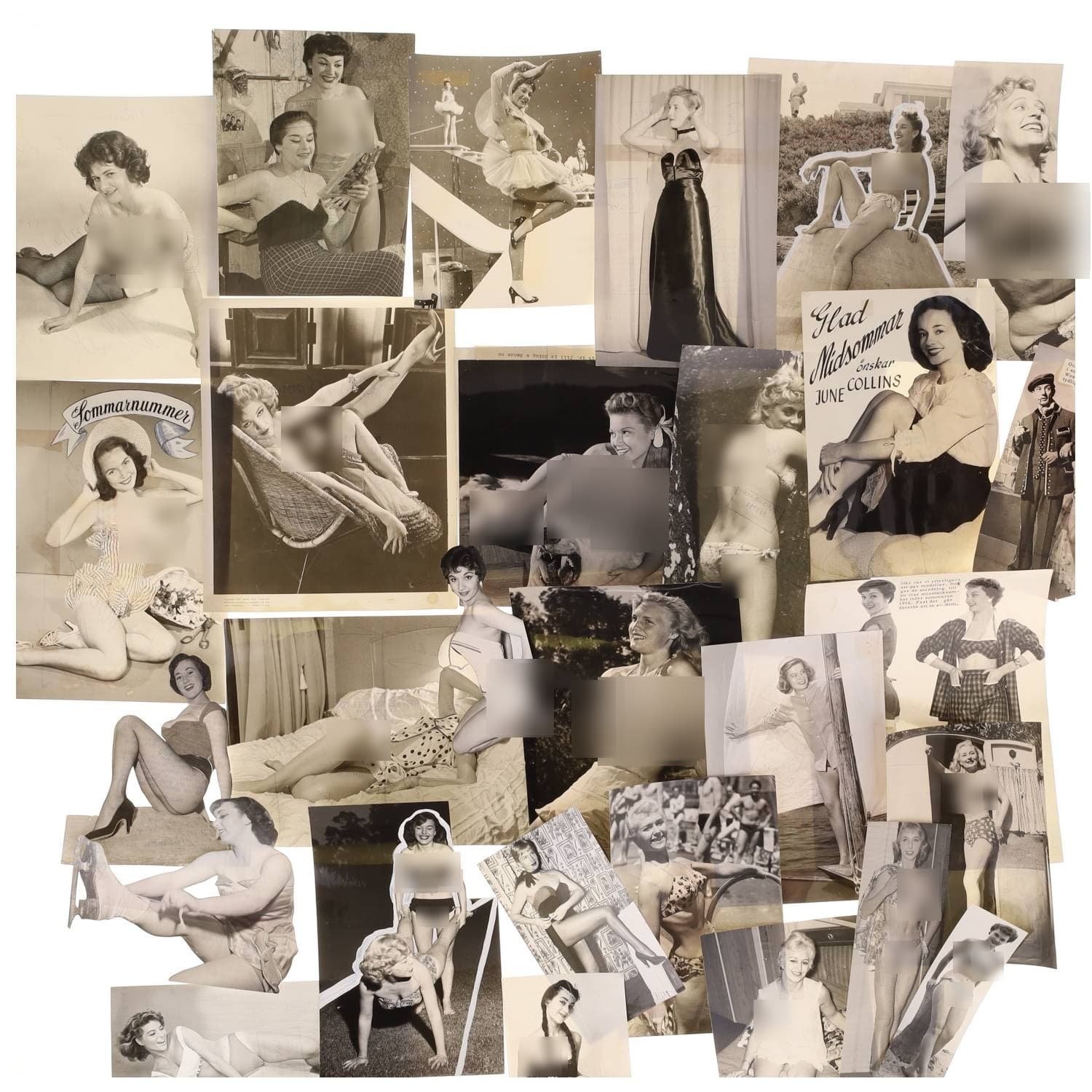 Cinéma, Hollywood, personnalités, Mode, Pin-up et divers. Circa 1950-70. Ensemble d’une trentaine de photographies, des tirages argentiques d’époque. Exemples de sujets : Ron Perriam, Jeanne Weatherstone, Vera Day, etc. Sur plusieurs versos, annotations manuscrites et/ou copyright (presse et/ou photographe). Photographe identifié : Mario Costa (XXe). Formats entiers moyens environ de 16,5 x 5 cm, 20 x 13 cm à 26 x 20 cm. Divers états dont plis, taches et traces de manipulations.