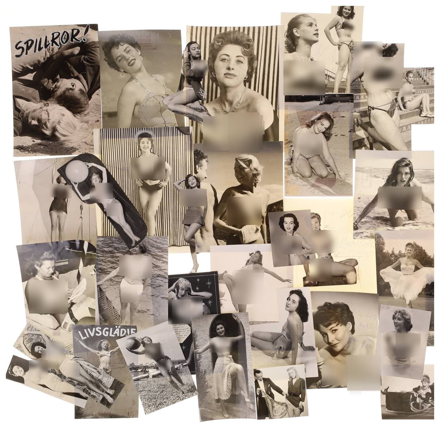 Cinéma, Hollywood, personnalités, Mode, Pin-up et divers. Circa 1950-70. Ensemble d’une trentaine de photographies, des tirages argentiques d’époque. Exemples de sujets : Irene Galter, Olga Villi, etc. Sur plusieurs versos, annotations manuscrites et/ou copyright (presse et/ou photographe). Photographes identifiés : E. TRIMBY, Mario A. COSTA, Roger WOOD, Gérard DECAUX (XXe). Formats entiers moyens environ de 11 x 8,5 cm, 20,5 x 14 cm à 26,5 x 18 cm. Divers états dont plis, taches et traces de manipulations.