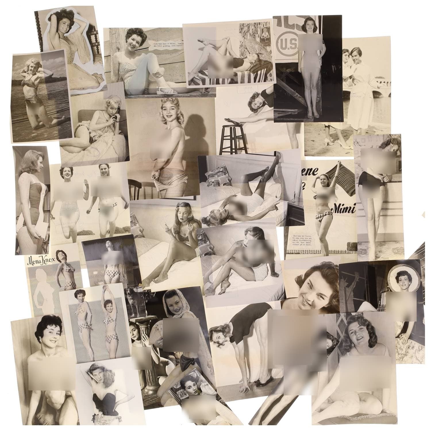 Cinéma, Hollywood, personnalités, Mode, Pin-up et divers. Circa 1950-70. Ensemble d’une trentaine de photographies, des tirages argentiques d’époque. Exemples de sujets : « Chez René - Cabaret », « Miss Greece 1952 », etc. Sur plusieurs versos, annotations manuscrites et/ou copyright (presse et/ou photographe). Photographes identifiés : André MOUILLET, E. TRIMBY, Peter James SAMERJAN, Mario A. COSTA (XXe). Formats entiers moyens environ de 10,5 x 8,5 cm, 16 x 16 cm à 22,5 x 18 cm. Divers états dont montages, plis, taches et traces de manipulations.
