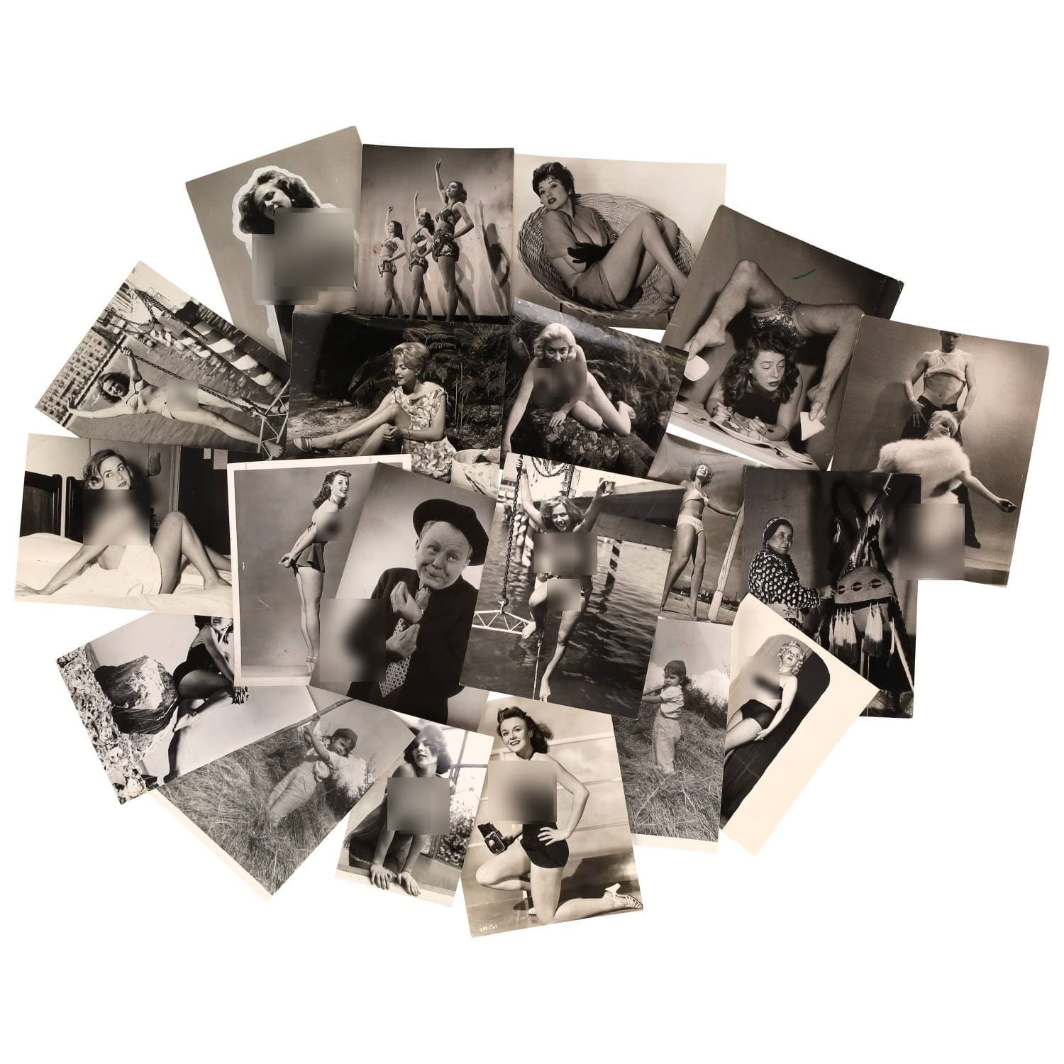Cinéma, Hollywood, personnalités, Mode, Pin-up, étude de nu, enfant et divers. Circa 1950-70. Ensemble d’une vingtaine de photographies, des tirages argentiques d’époque. Exemples de sujets : acrobate, femme nue, Laly Esperides, Princesse Zina, « Charm Scool », etc. Sur plusieurs versos, annotations manuscrites et/ou copyright (presse et/ou photographe). Photographes identifiés : Robert CHARROUX, DIMITRI-DECAUX (XXe). Formats entiers moyens environ de 17,5 x 12,5 cm à 24 x 19 cm. Divers états dont plis, taches et traces de manipulations.