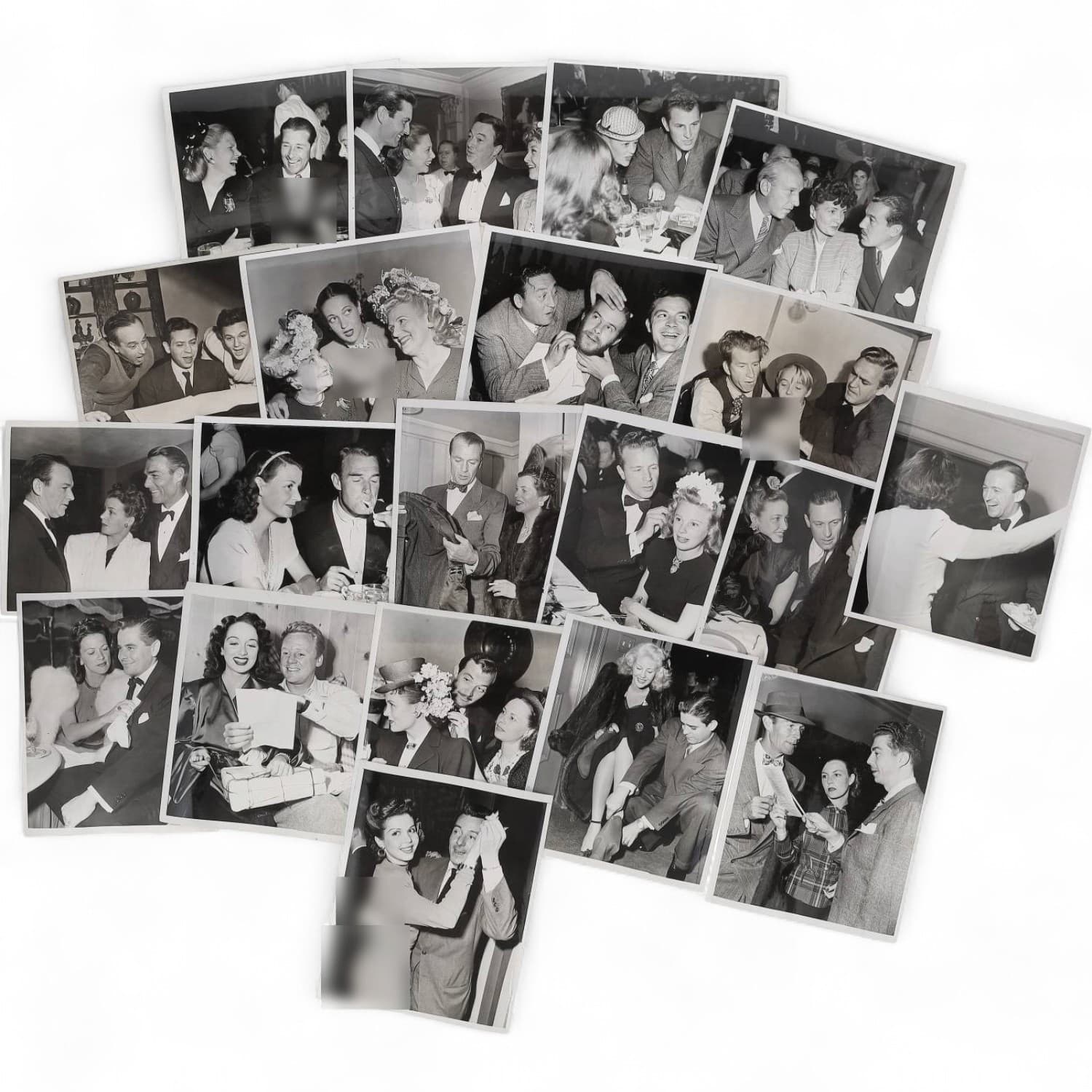 Cinéma, Hollywood, personnalités, actrices, acteurs et divers. Circa 1945-46. Ensemble d’une vingtaine de photographies, des tirages argentiques d’époque. Exemples de sujets : Susan Hayward, William Gargan, Randy Scott, Pat Stillman, Gus Daymond, Marie MacDonald, Glenn Ford, Eleanor Powell, Brenda Marshall, Dick Powell, Mrs Garry Cooper, Ann Miller, Don Loper, Claude Jarmann, Forrest Tucker, Henry Morgan, Dana Andrews, Jean Negulesco, Oscar Levant, John Garfield, Cesar Romero, etc. Sur plusieurs versos, annotations et/ou copyright. Photographe identifié : Nat DALLINGER. Formats entiers moyens environ 25,5 x 20,5 cm. Divers états dont gondolements, déchirures et traces de manipulations.