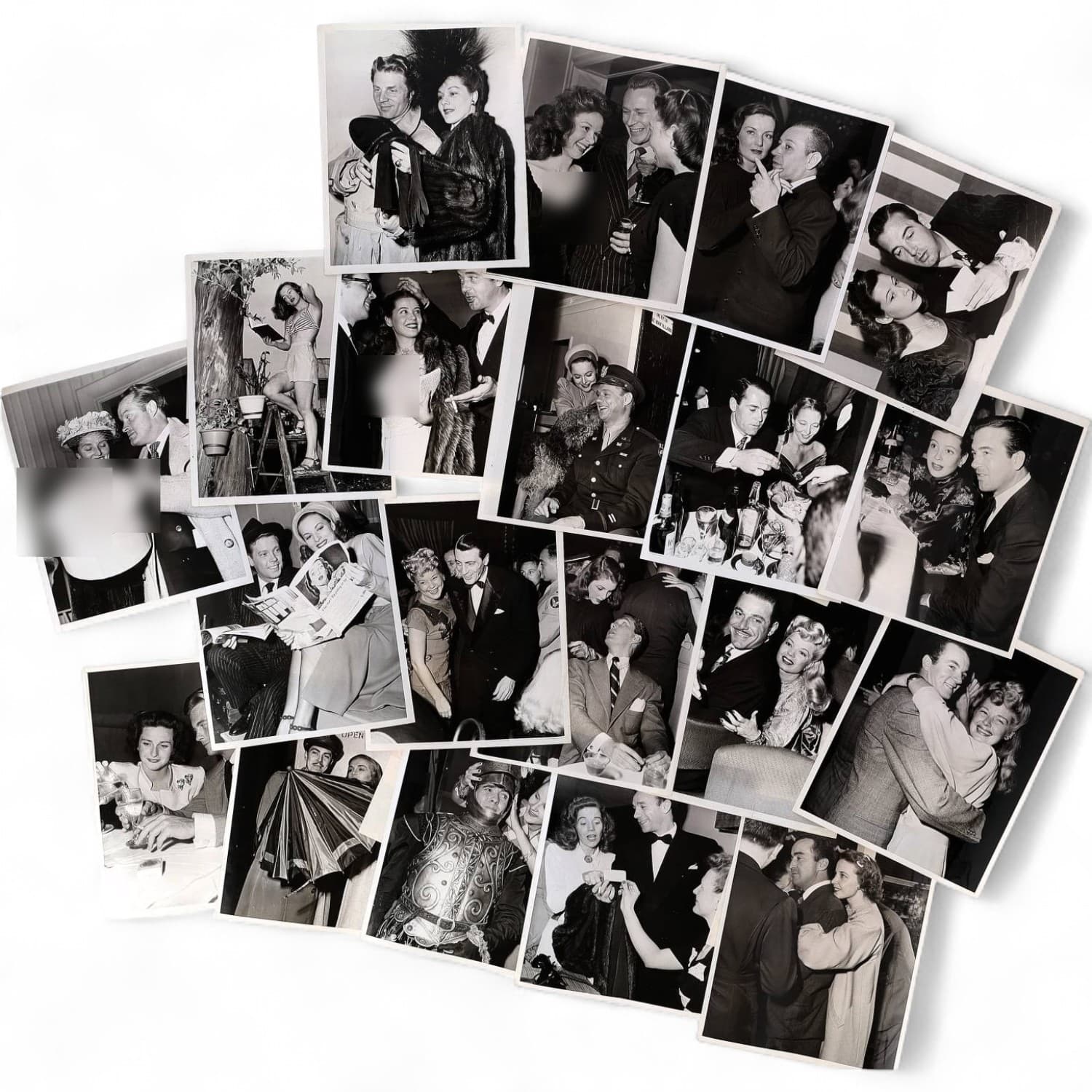 Cinéma, Hollywood, personnalités, actrices, acteurs et divers. Circa 1945-46. Ensemble d’une vingtaine de photographies, des tirages argentiques d’époque. Exemples de sujets : Reginald Gardiner, William Lundigan, Rena Morgan, Lizabeth Scott, William Eythe, Dans Clark, Ray Hendricks, Maureen O’Hara, Sonja Henie, Fred de Cordova, Bob Hutton, Jon Hall, Helen Walker, Dick Haymes, Henry Fonda, Bob Hope, John Payne, Audrey Young, etc. Sur plusieurs versos, annotations et/ou copyright. Photographe identifié : Nat DALLINGER. Formats entiers moyens environ 25,5 x 20,5 cm. Divers états dont gondolements, déchirures et traces de manipulations.