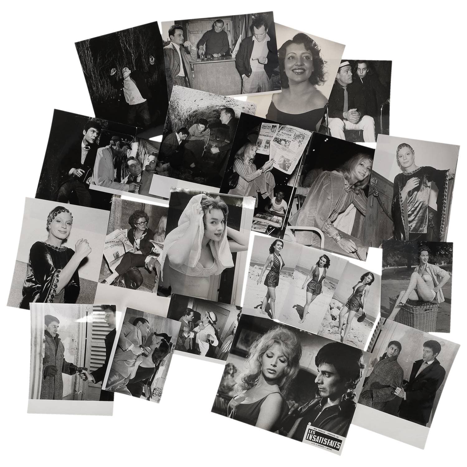 Cinéma, Hollywood, personnalités, actrices, acteurs et divers. Circa 1950-70’s. Ensemble d’une vingtaine de photographies, des tirages argentiques. Exemples de sujets : « Les Insatisfaits », « Ça va barder », Rosemarie Bowe, etc. Sur plusieurs versos, annotations et/ou copyright. Photographe identifié : Serge JACQUES, Peter James SAMERJAN (XXe). Formats entiers moyens environ de 17 x 10,5 cm à 29 x 23 cm. Divers états dont gondolements, déchirures et traces de manipulations.
