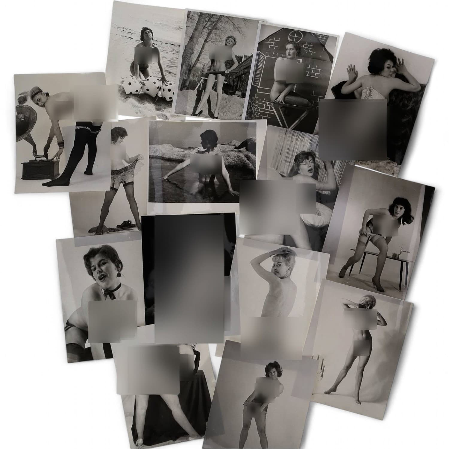 Erotica, étude de nu, photographies érotiques et divers. Circa 1950-70’s. Ensemble d’une quinzaine de tirages argentiques d’époque. Exemples de sujets : femmes nues, dénudées et divers. Sur certains versos, annotations. Divers états (dont plis et traces de manipulations) et formats moyens environ de 24 x 18 cm à 27 x 21,5 cm.