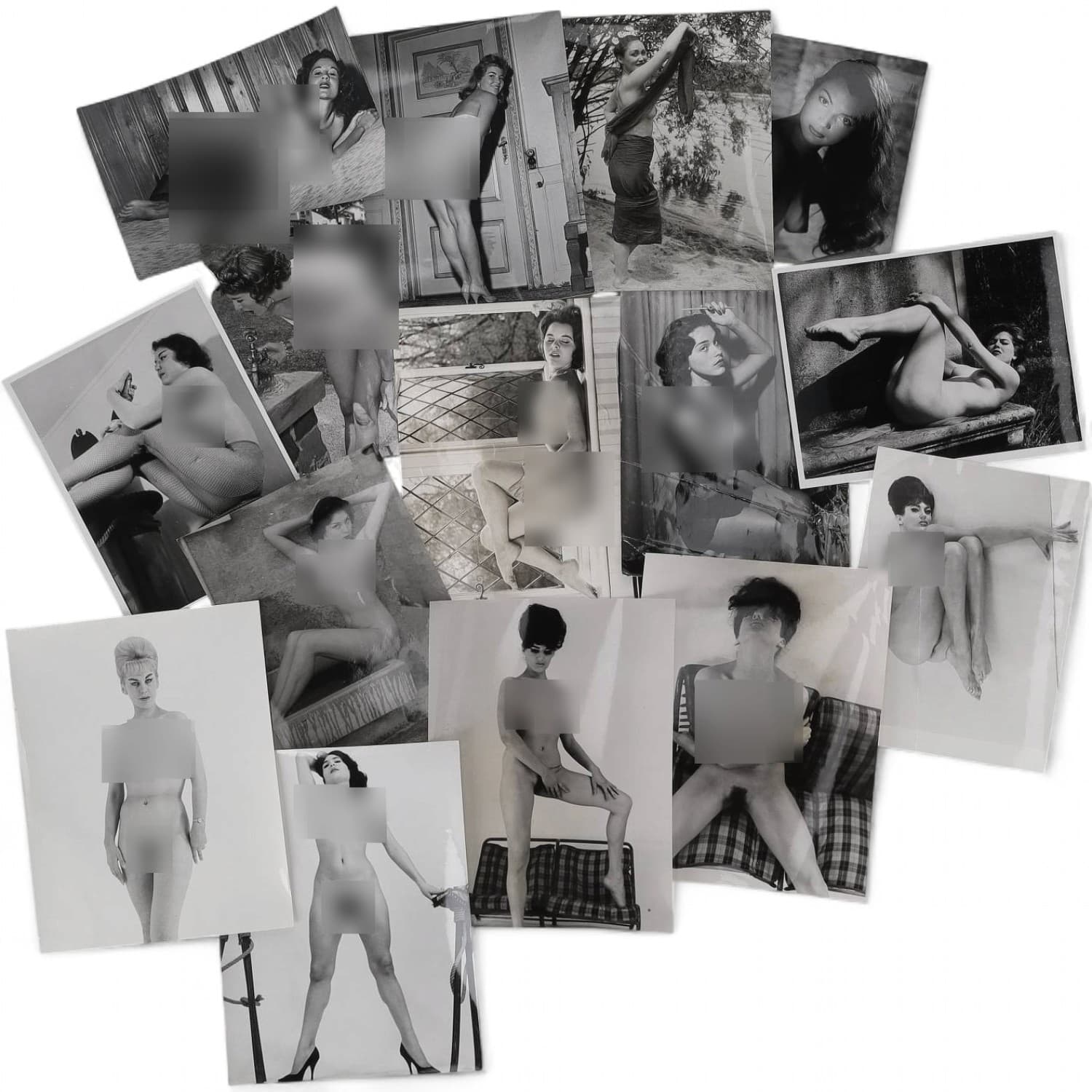 Erotica, étude de nu, photographies érotiques et divers. Circa 1950-70’s. Ensemble d’une quinzaine de tirages argentiques d’époque. Exemples de sujets : femmes nues, dénudées, Lilian Schmidt, Gloria Laughlin, Joan Rawlings et divers. Sur certains versos, annotations. Divers états (dont plis et traces) et formats moyens environ de 18 x 13 cm à 27 x 21 cm.
