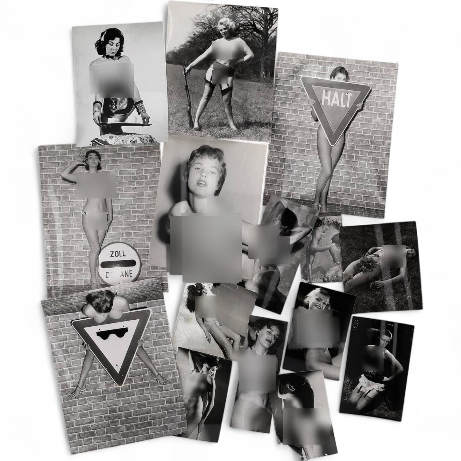 Erotica, étude de nu, photographies érotiques et divers. Circa 1950-70’s. Ensemble d’une quinzaine de tirages argentiques d’époque. Exemples de sujets : femmes nues, dénudées et divers. Sur certains versos, annotations et/ou copyright. Divers états (dont plis et traces) et formats moyens environ de 13 x 11,5 cm à 28,5 x 23,5 cm.