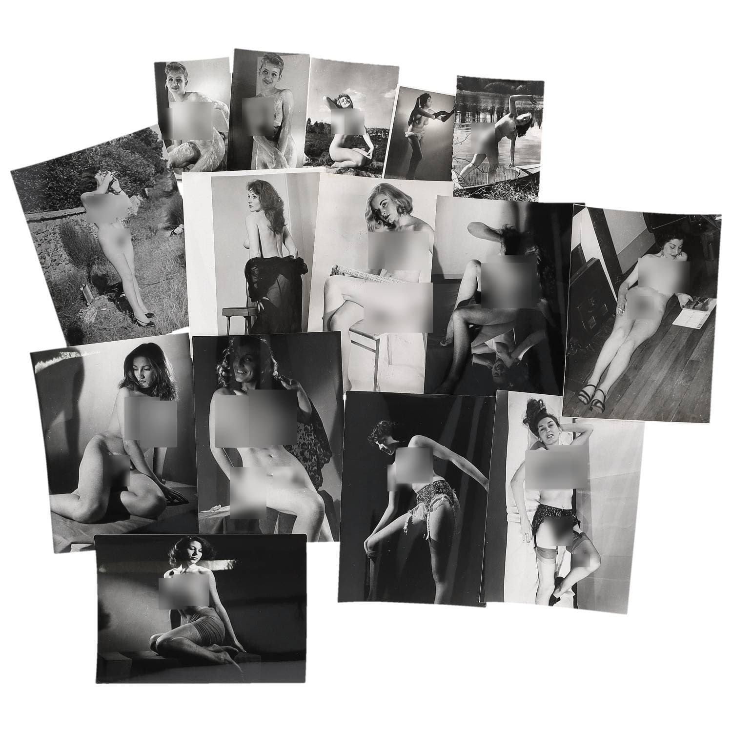 Erotica, étude de nu, photographies érotiques et divers. Circa 1950-70’s. Ensemble d’une quinzaine de tirages argentiques d’époque. Exemples de sujets : femmes nues, dénudées et divers. Sur certains versos, annotations. Divers états (dont plis et traces) et formats moyens environ de 12 x 8,5 cm à 24 x 18 cm.