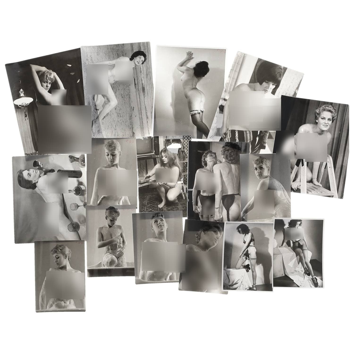 Erotica, étude de nu, photographies érotiques et divers. Circa 1950-70’s. Ensemble d’une quinzaine de tirages argentiques d’époque. Exemples de sujets : femmes nues, dénudées et divers. Sur certains versos, annotations. Divers états (dont plis et traces) et formats moyens environ de 18 x 13 cm à 25,5 x 20,5 cm.