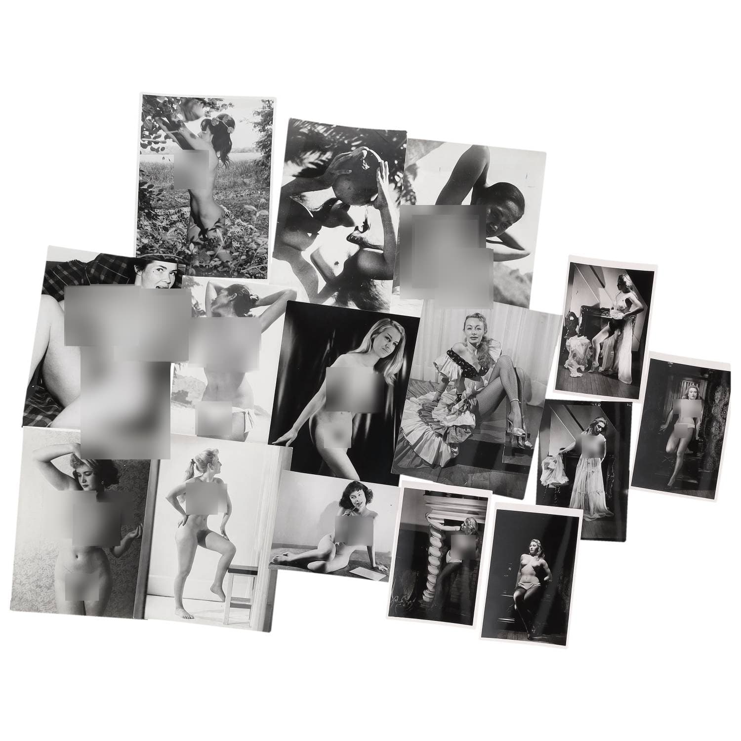 Erotica, étude de nu, photographies érotiques et divers. Circa 1950-70’s. Ensemble d’une quinzaine de tirages argentiques. Exemples de sujets : femmes nues, dénudées et divers. Sur certains versos, annotations et/ou copyright. Photographe identifié : Georg MICHALKE. Divers états (dont plis et traces) et formats moyens environ de 15,5 x 12,5 cm à 24,5 x 18 cm.