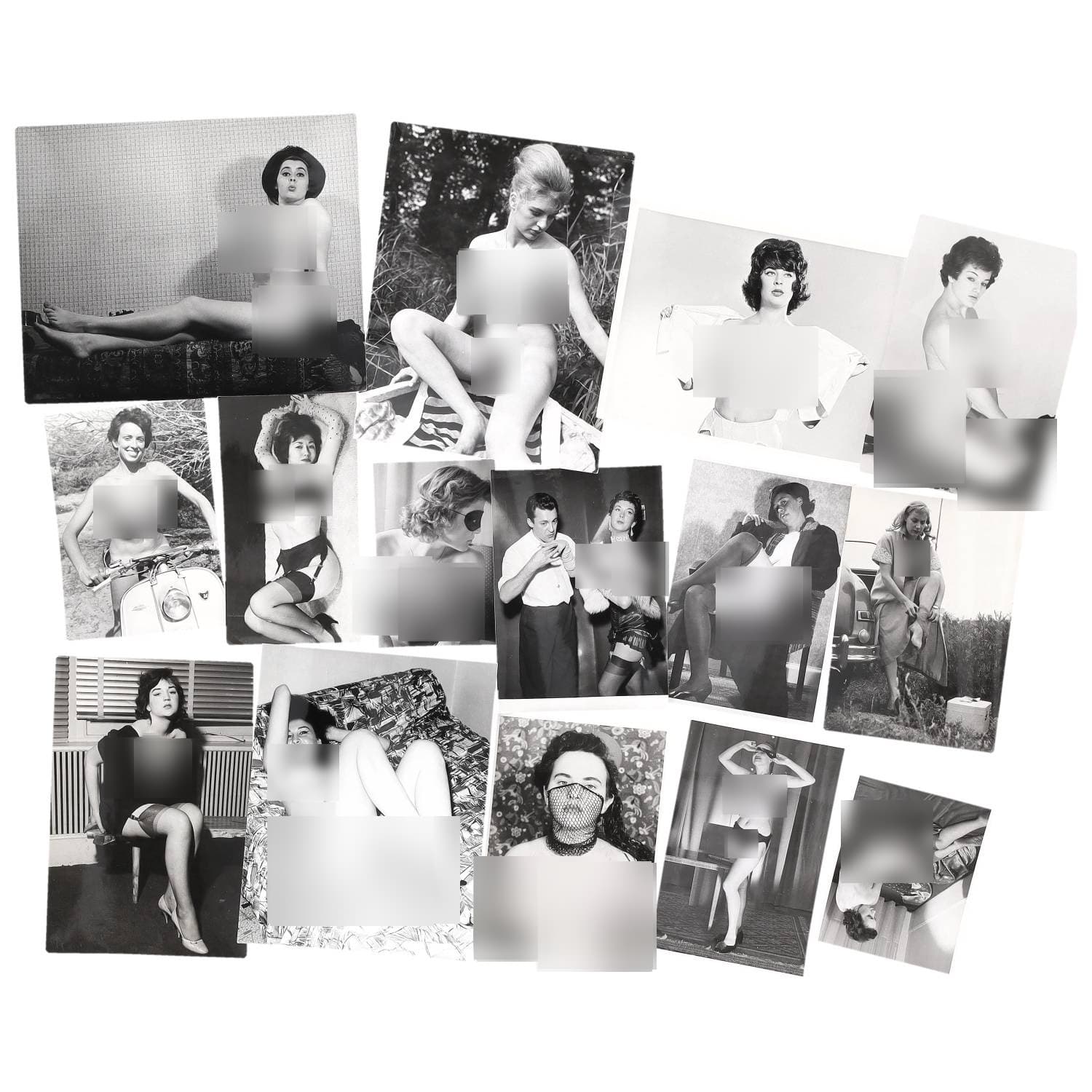 Erotica, étude de nu, photographies érotiques et divers. Circa 1950-70’s. Ensemble d’une quinzaine de tirages argentiques. Exemples de sujets : femmes nues, dénudées, Sandra Bromly et divers. Sur certains versos, annotations et/ou copyright. Photographes identifiés : Alain ARMEZ ou encore André MOUILLET. Divers états (dont plis et traces) et formats moyens environ de 13,5 x 9 cm à 25 x 20,5 cm.