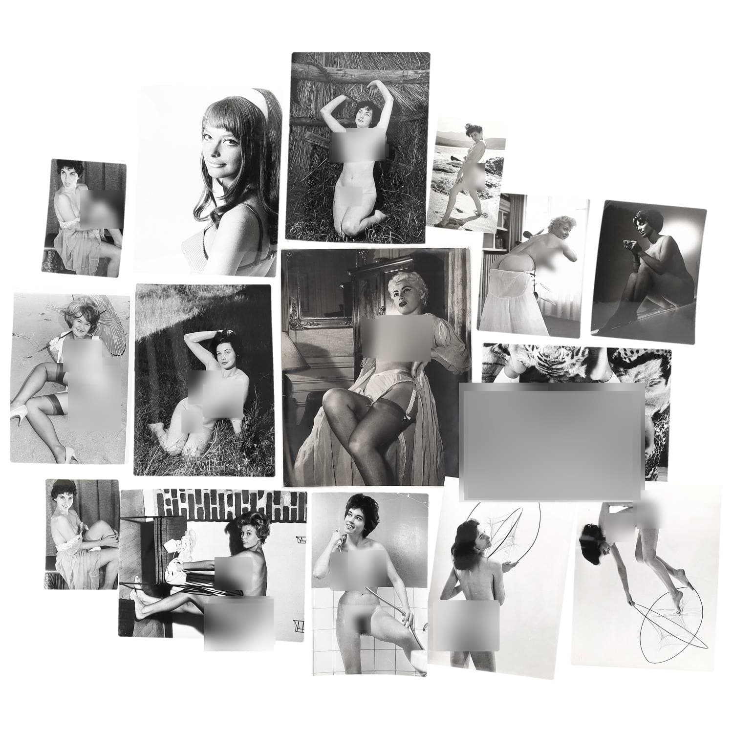 Erotica, étude de nu, photographies érotiques et divers. Circa 1950-70’s. Ensemble d’une quinzaine de tirages argentiques (un visuel contrecollé sur carton). Exemples de sujets : femmes nues, dénudées, Véronique Valois et divers. Sur certains versos, annotations et/ou copyright. Divers états (dont plis et traces) et formats moyens environ de 14 x 9 cm à 30 x 23,5 cm.