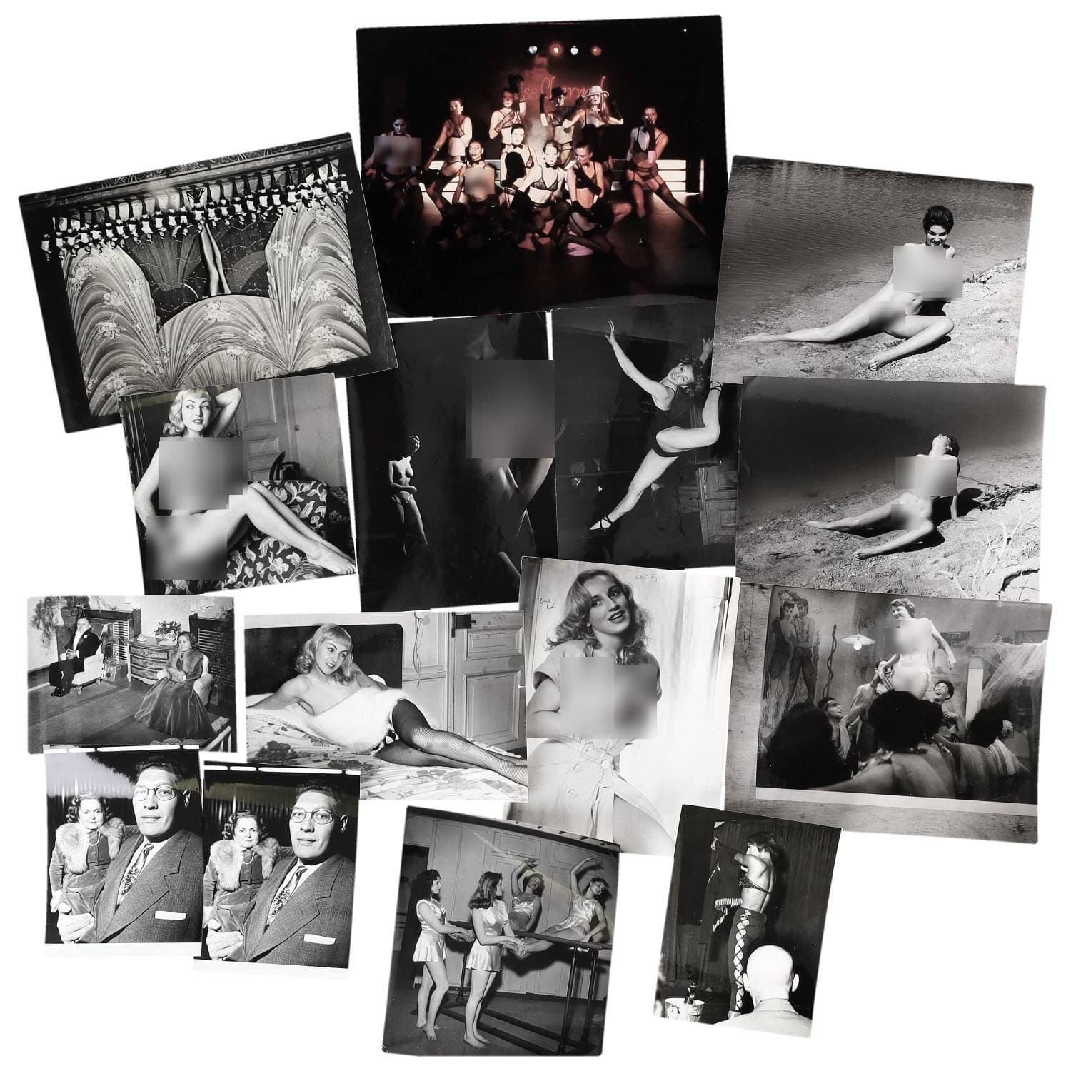 Erotica, étude de nu, photographies érotiques, cabaret et divers. Circa 1950-90’s. Ensemble d’une quinzaine de tirages argentiques. Exemples de sujets : femmes nues, dénudées, le Lido, Hollinger et divers. Sur certains versos, annotations et/ou copyright (Exemples : Stern ou encore Paul Koruna). Divers états (dont plis et traces) et formats moyens environ de 18 x 13 cm à 30 x 24 cm.