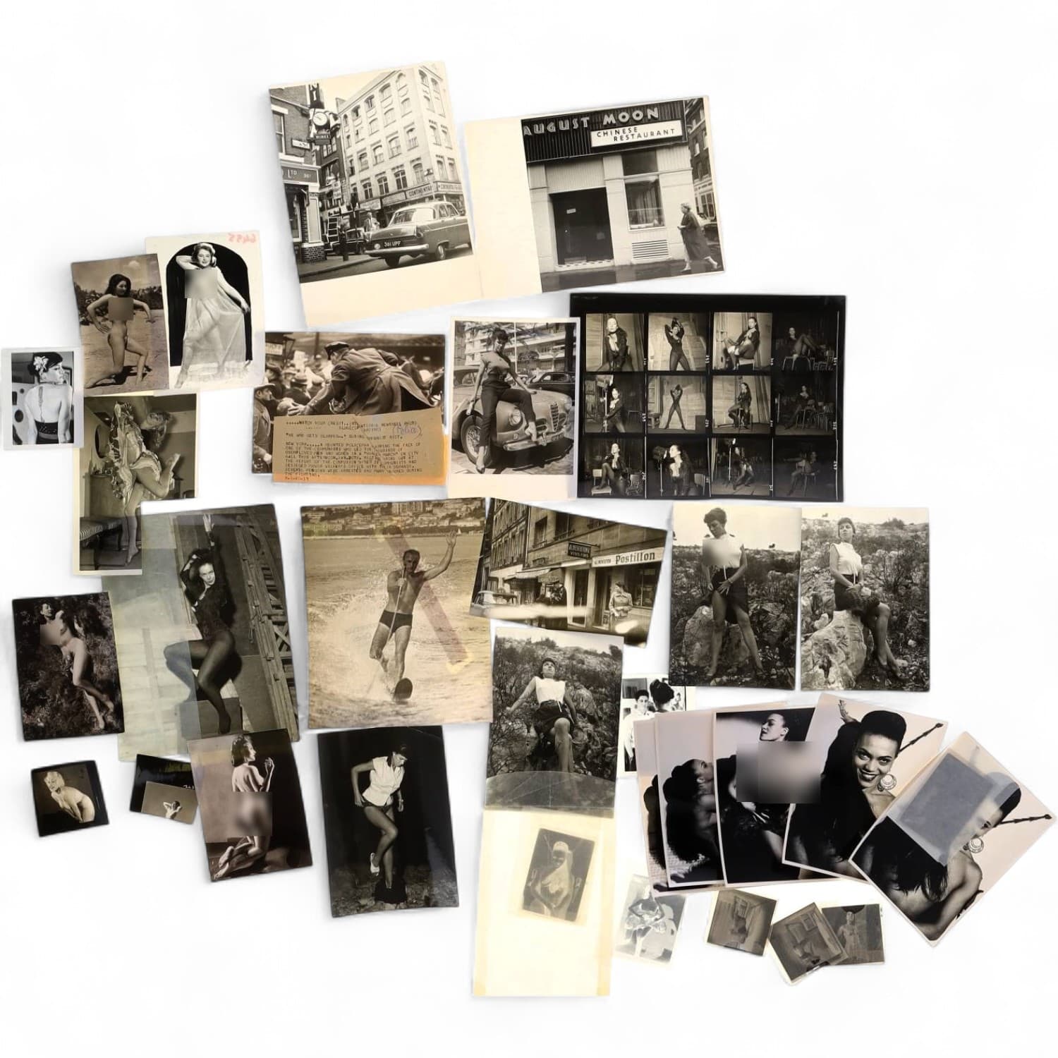 Erotica, étude de nu, photographies érotiques et divers. Circa 1950-90’s. Ensemble d’une vingtaine de tirages argentiques et numériques, négatifs et autres. Exemples de sujets : femmes nues, Patricia Thomson et divers. Sur certains versos, annotations et/ou copyright. Divers états (dont plis et traces) et formats moyens environ de 10 x 8 cm à 24 x 18 cm.