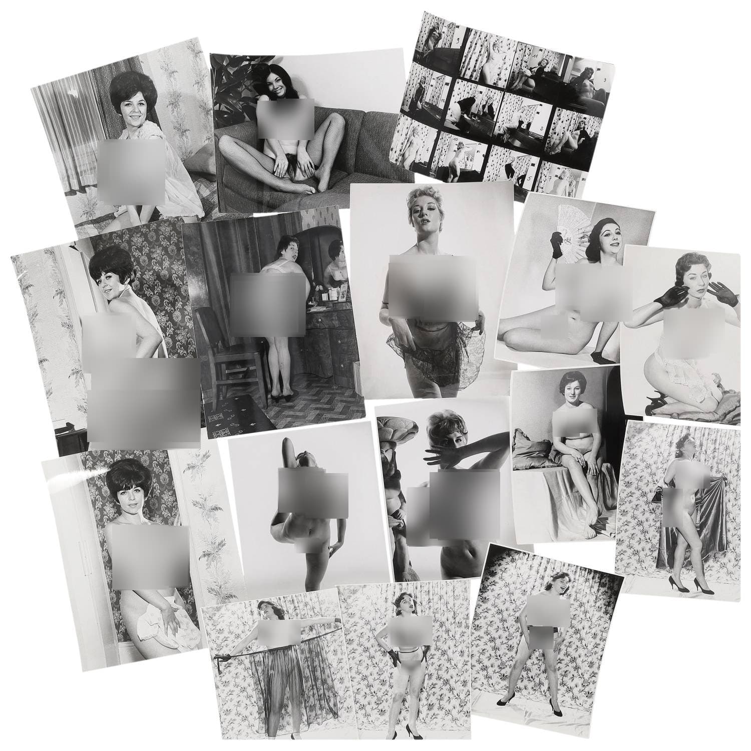Erotica, étude de nu, photographies érotiques et divers. Circa 1950-70. Ensemble d’une quinzaine de tirages argentiques d’époque. Exemples de sujets : femmes nues, dénudées, Julie Collins et autres. Sur certains versos, annotations. Deux visuels contrecollés sur cartons. Divers états (dont plis et traces) et formats moyens environ de 20,5 x 15,5 cm à 25,5 x 20,5 cm.