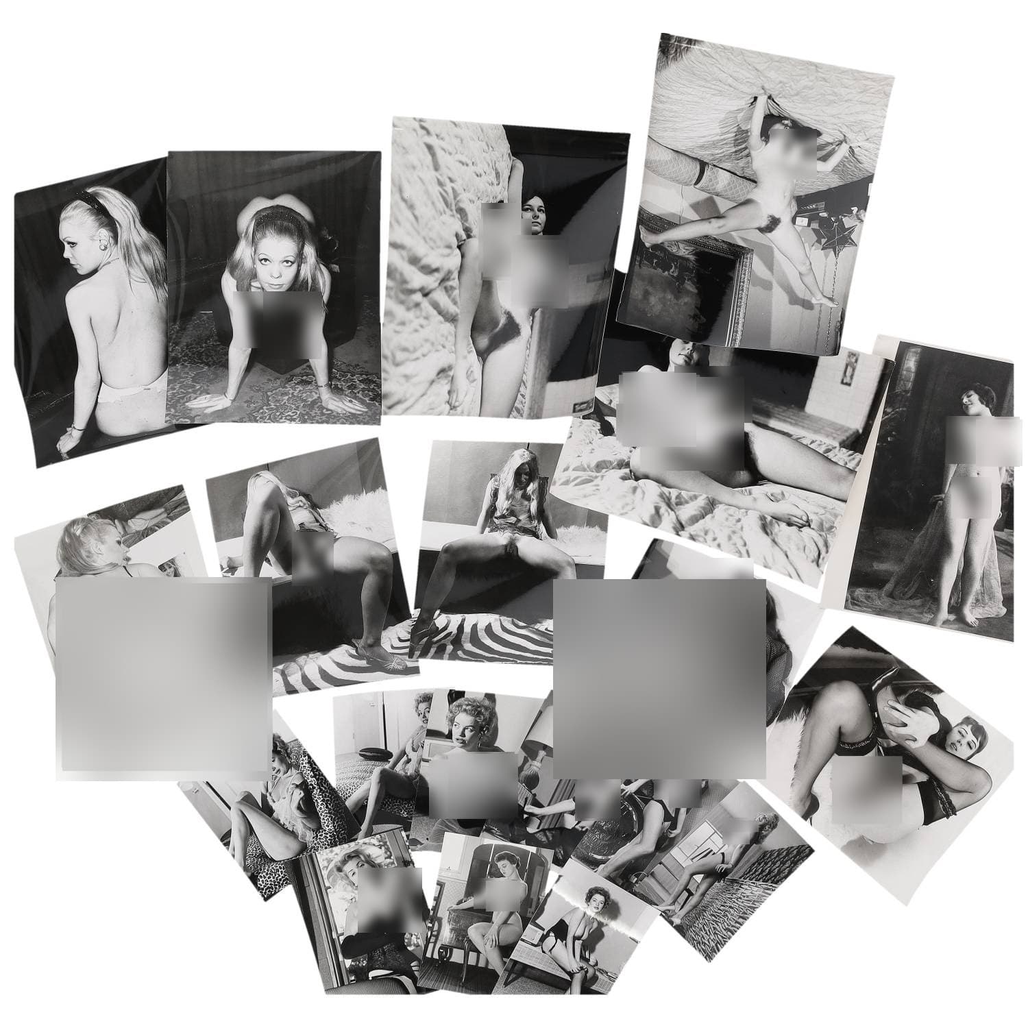 Erotica, étude de nu, photographies érotiques et divers. Circa 1950-70. Ensemble d’une vingtaine de tirages argentiques. Exemples de sujets : femmes nues, dénudées et autres. Sur certains versos, annotations et/ou copyright. Divers états (dont gondolements et traces) et formats moyens environ de 14 x 9 cm à 25,5,5 x 20 cm.