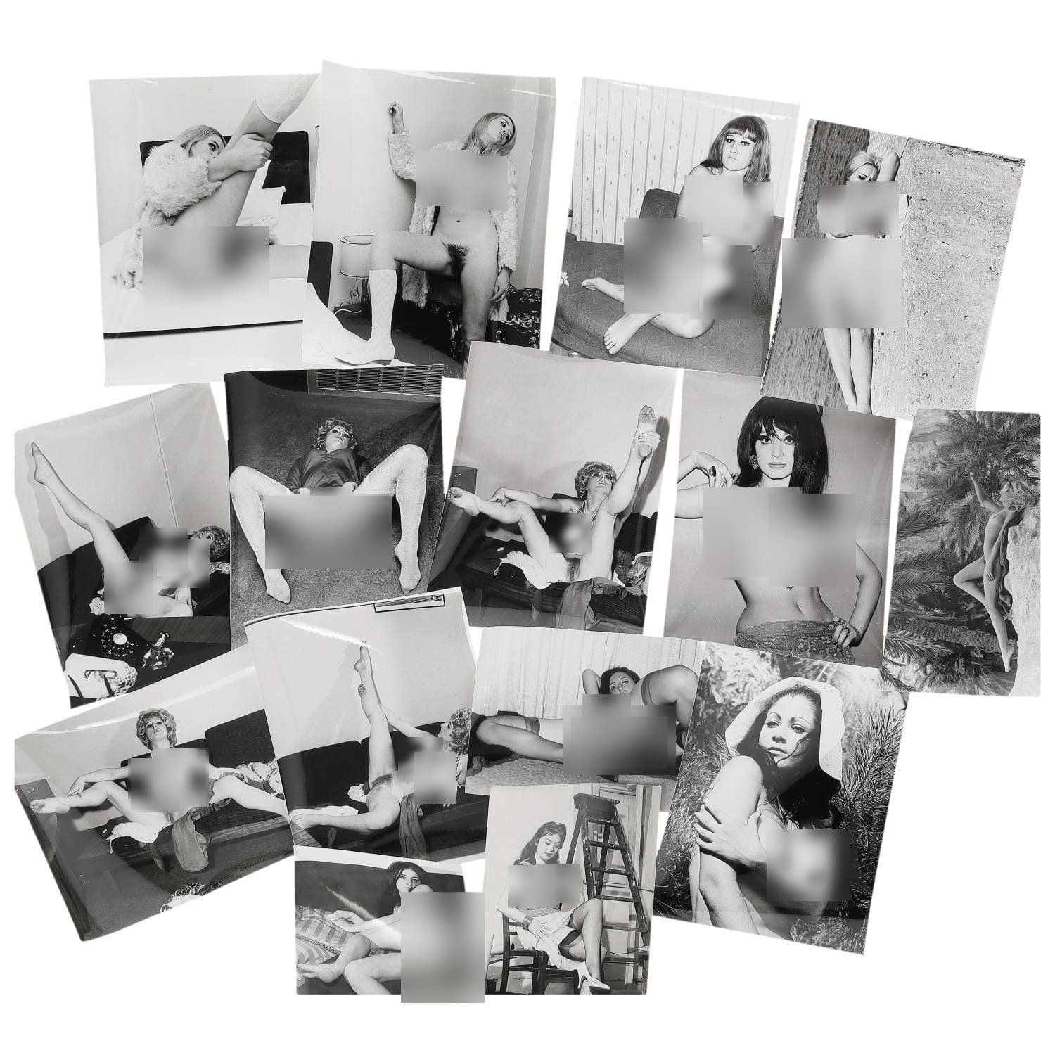 Erotica, étude de nu, photographies érotiques et divers. Circa 1950-70. Ensemble d’une quinzaine de tirages argentiques. Exemples de sujets : femmes nues, dénudées et autres. Sur certains versos, annotations. Divers états (dont gondolements, plis et traces) et formats moyens environ de 21 x 14,5 cm à 25,5 x 20 cm.