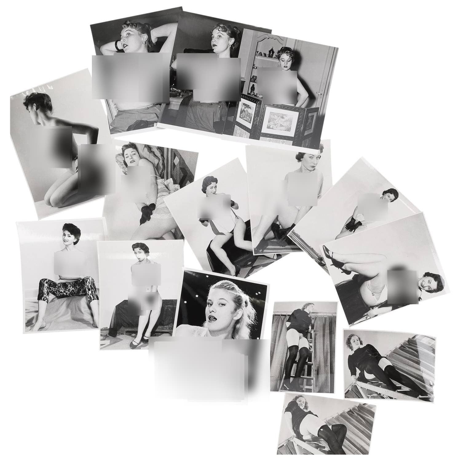 Erotica, étude de nu, photographies érotiques et divers. Circa 1950-70. Ensemble d’une quinzaine de tirages argentiques. Exemples de sujets : femmes nues, dénudées et autres. Sur certains versos, annotations et/ou copyright. Divers états (dont gondolements, plis et traces) et formats moyens environ de 17,5 x 12,5 cm à 24 x 18 cm.