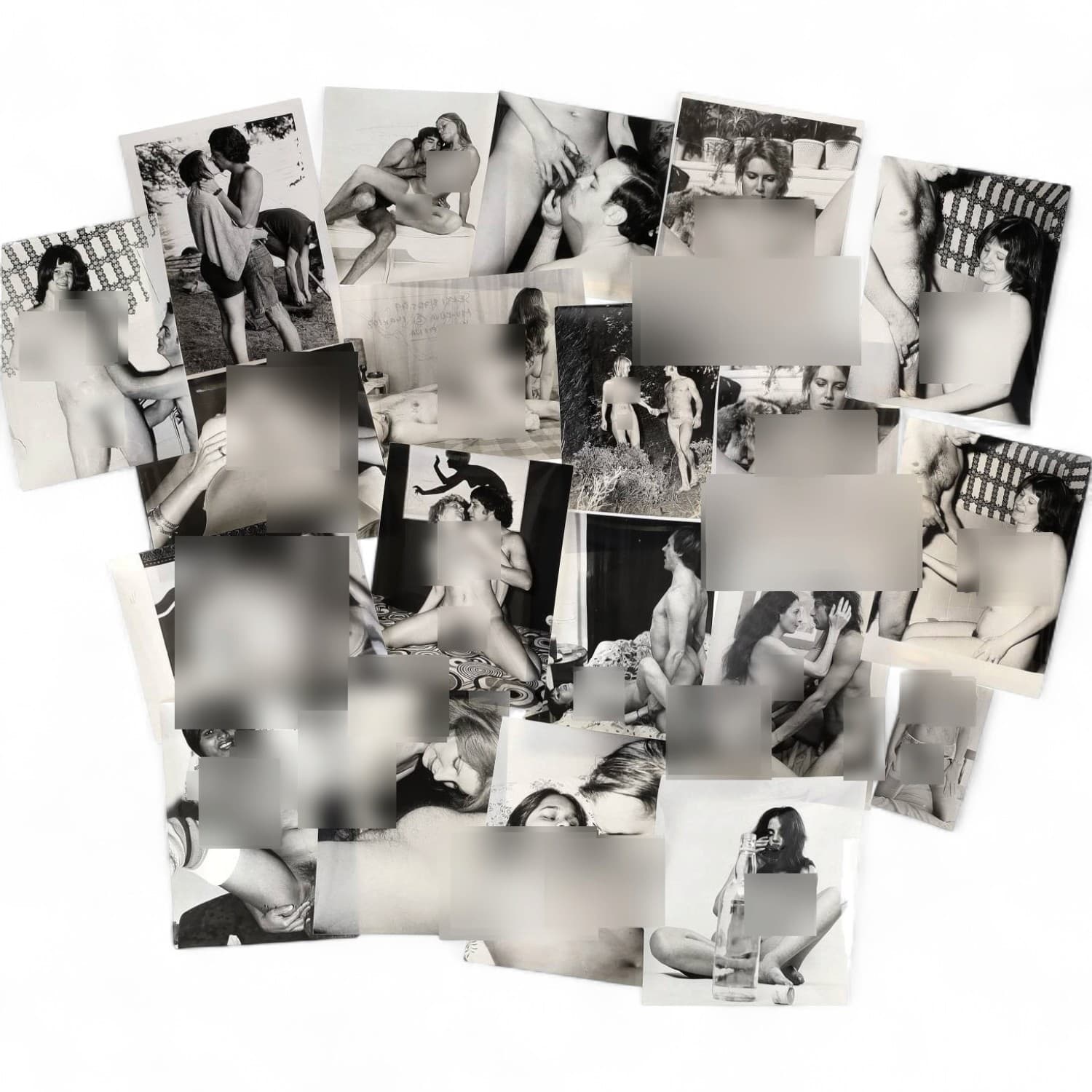Erotica, étude de nu, photographies érotiques et pornographiques, hommes et femmes nus, actes sexuels hétérosexuels, préliminaires, macrophotographies et divers. Circa 1960-70’s. Ensemble d’une vingtaine de tirages argentiques principalement d’époque. Sur certains versos, annotations et/ou copyright. Formats entiers moyens environ de 14 x 8,5 cm à 25 x 20 cm. Divers états dont déchirures, gondolements et traces