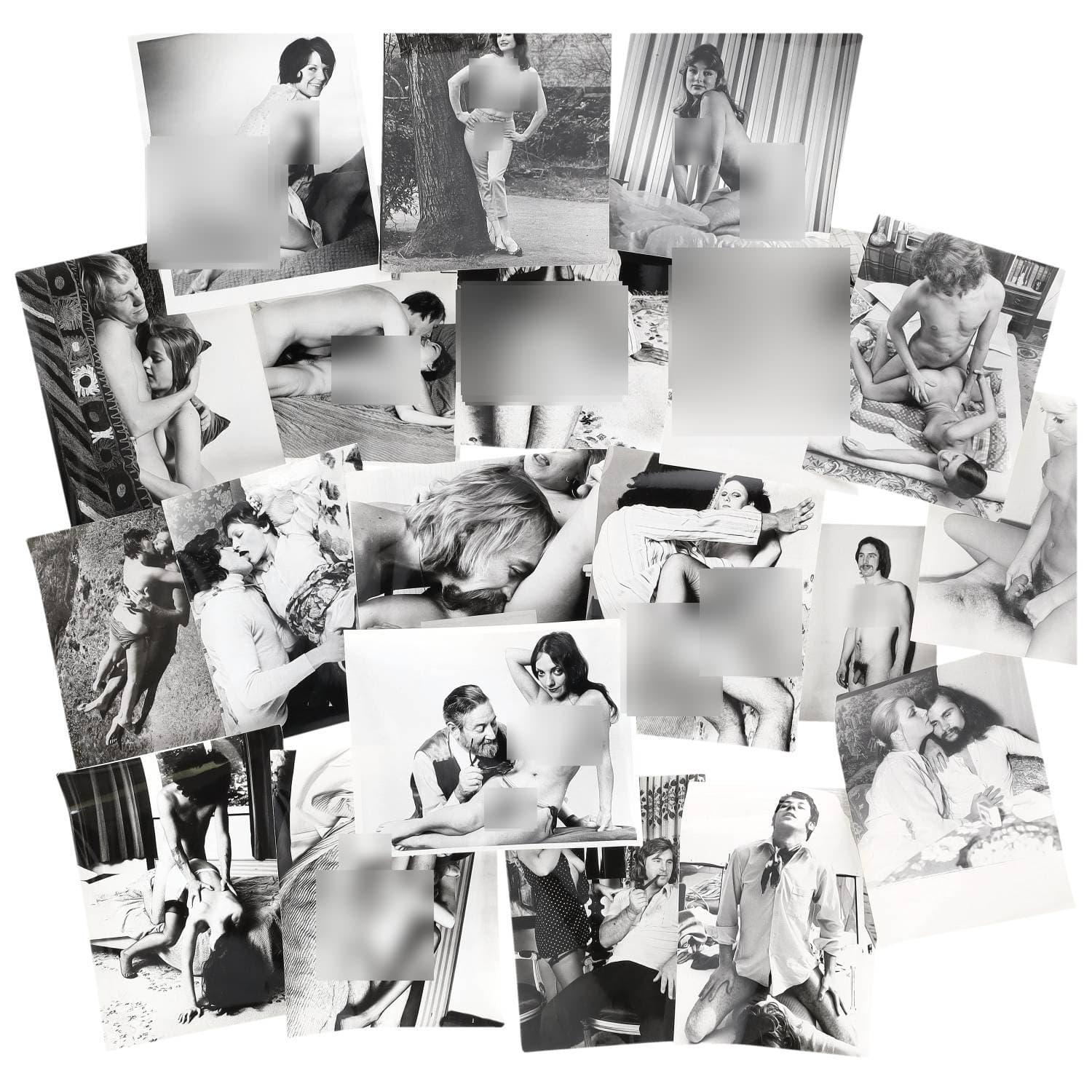 Erotica, étude de nu, photographies érotiques et pornographiques, hommes et femmes nus, actes sexuels hétérosexuels, préliminaires, macrophotographies et divers. Circa 1960-70’s. Ensemble d’une vingtaine de tirages argentiques principalement d’époque. Sur certains versos, annotations et/ou copyright. Formats entiers moyens environ de 17,5 x 12 cm à 25,5 x 20 cm. Divers états dont déchirures, gondolements et traces