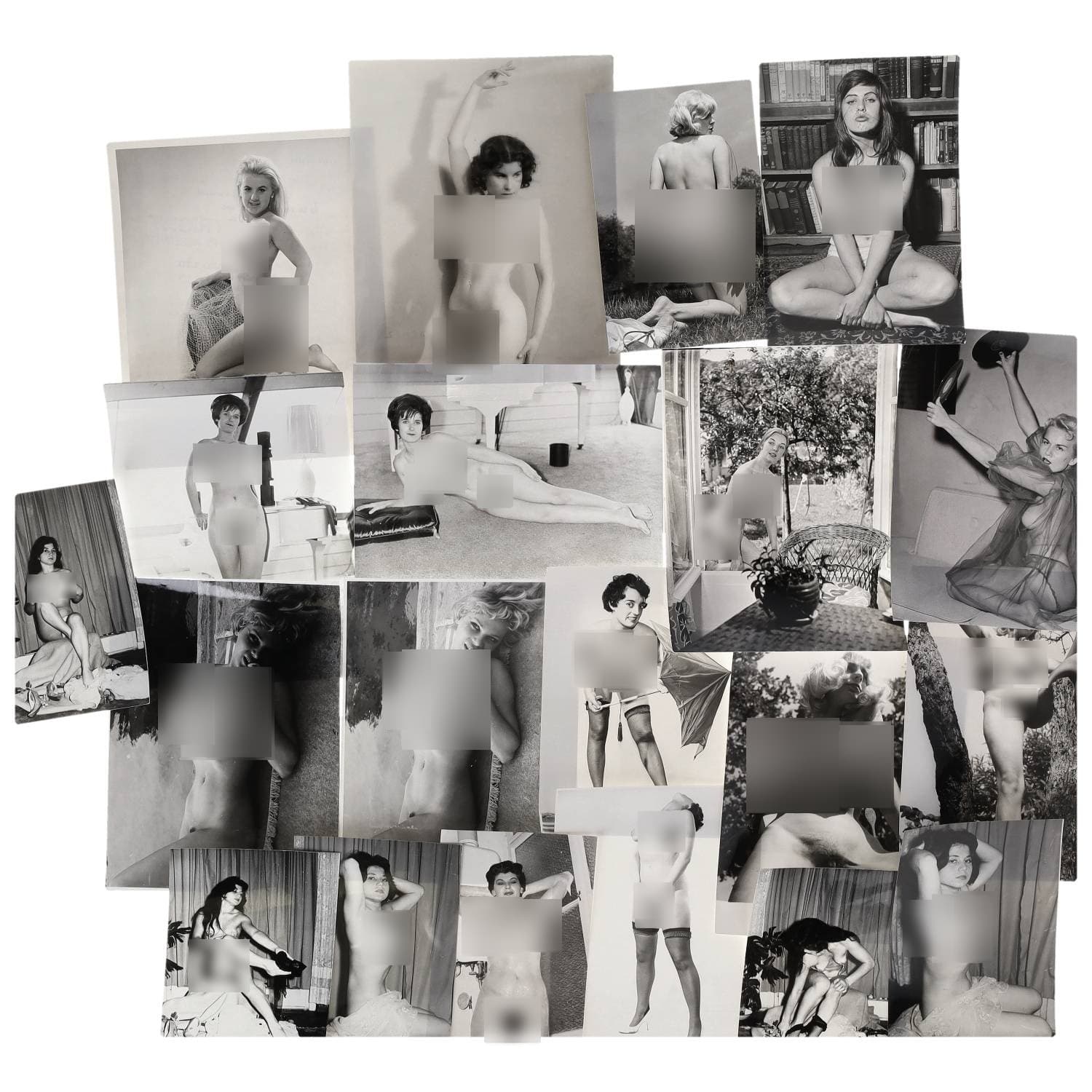 Erotica, étude de nu, photographies érotiques et divers. Circa 1950-70. Ensemble d’une vingtaine de tirages argentiques principalement d’époque. Exemples de sujets : femmes nues, dénudées, Faye Denick, Linda George, Trudi Etdon et autres. Sur certains versos, annotations et/ou copyright (exemple : Bruce WARLAND). Divers états (dont gondolements et traces) et formats moyens environ de 18 x 12 cm à 25,5 x 20,5 cm.