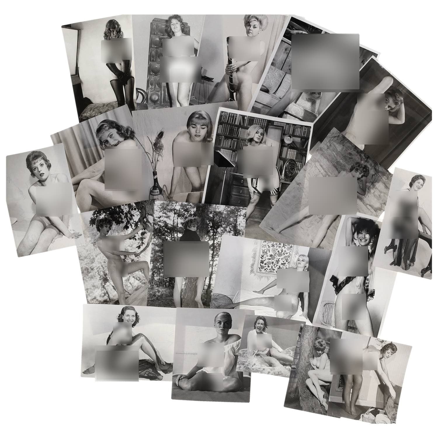 Erotica, étude de nu, photographies érotiques et divers. Circa 1950-70. Ensemble d’une vingtaine de tirages argentiques principalement d’époque. Exemples de sujets : femmes nues, dénudées, Betty, Edith Jost, Britt Anson et autres. Sur certains versos, annotations et/ou copyright. Divers états (dont gondolements, plis et traces) et formats moyens environ de 13 x 11,5 cm à 25,5 x 20,5 cm.
