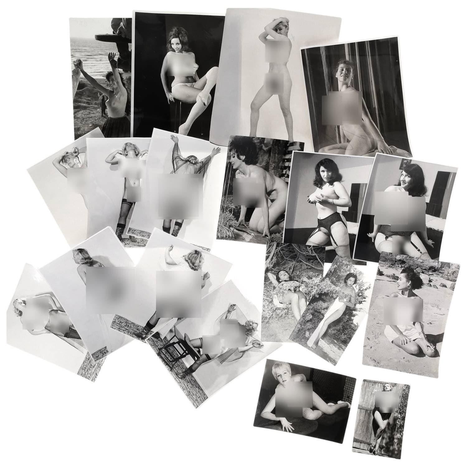 Erotica, étude de nu, photographies érotiques et divers. Circa 1950-70. Ensemble d’une vingtaine de tirages argentiques principalement d’époque. Exemples de sujets : femmes nues, dénudées, Lia, Joan Kerr, etc. Sur certains versos, annotations et/ou copyright (exemple : Peter James SAMERJAN). Divers états (dont gondolements et traces) et formats moyens environ de 14 x 9 cm à 27 x 21 cm.