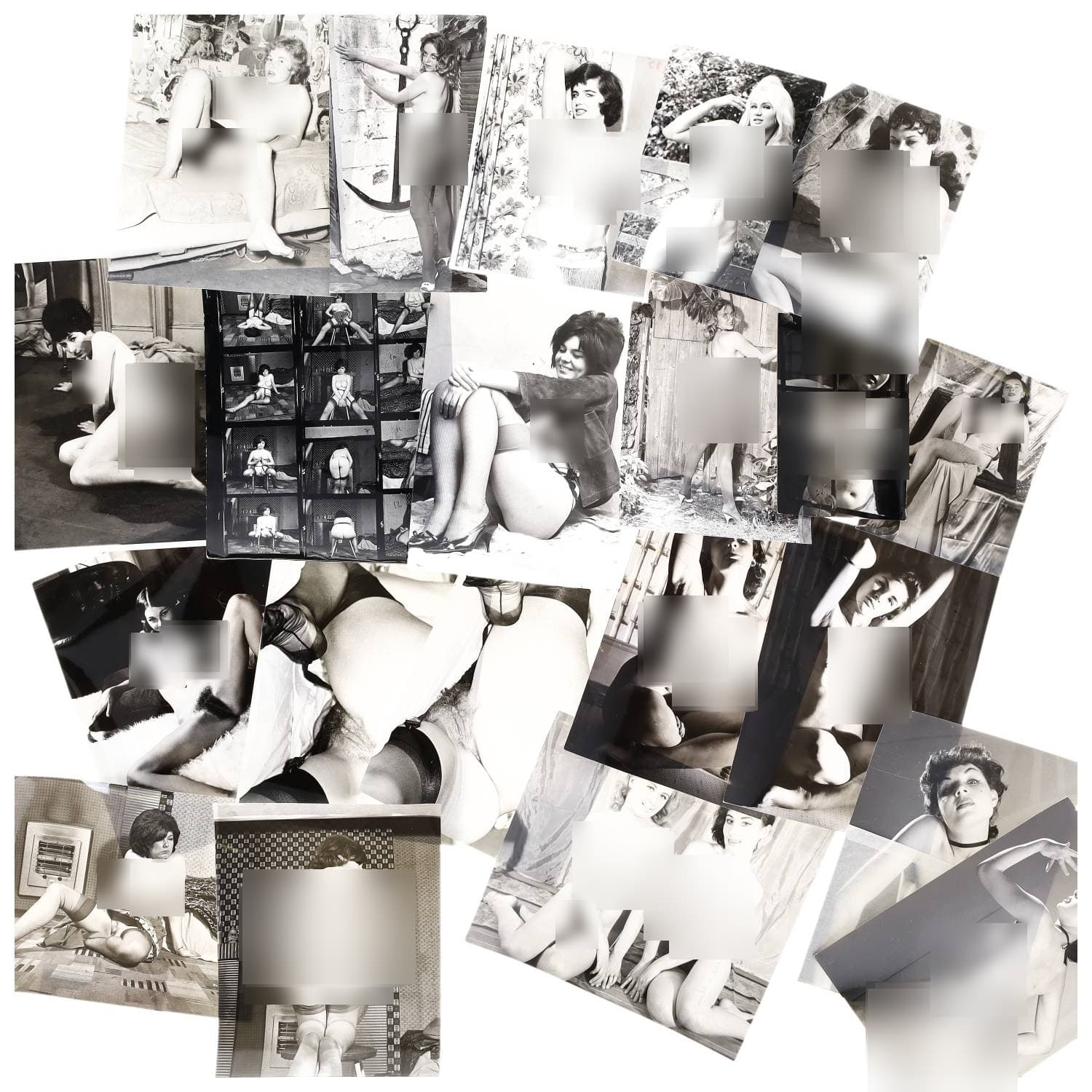 Erotica, étude de nu, photographies érotiques et divers. Circa 1950-70. Ensemble d’une vingtaine de tirages argentiques. Exemples de sujets : femmes nues, dénudées, Diane et Rhona, Mickey Logan, Terry Maloney, Sue Mandrake, Eva Kay, etc. Sur certains versos, annotations et/ou copyright. Divers états (dont gondolements, cornures et traces) et formats moyens environ de 16,5 x 11 cm à 25,5 x 20,5 cm.