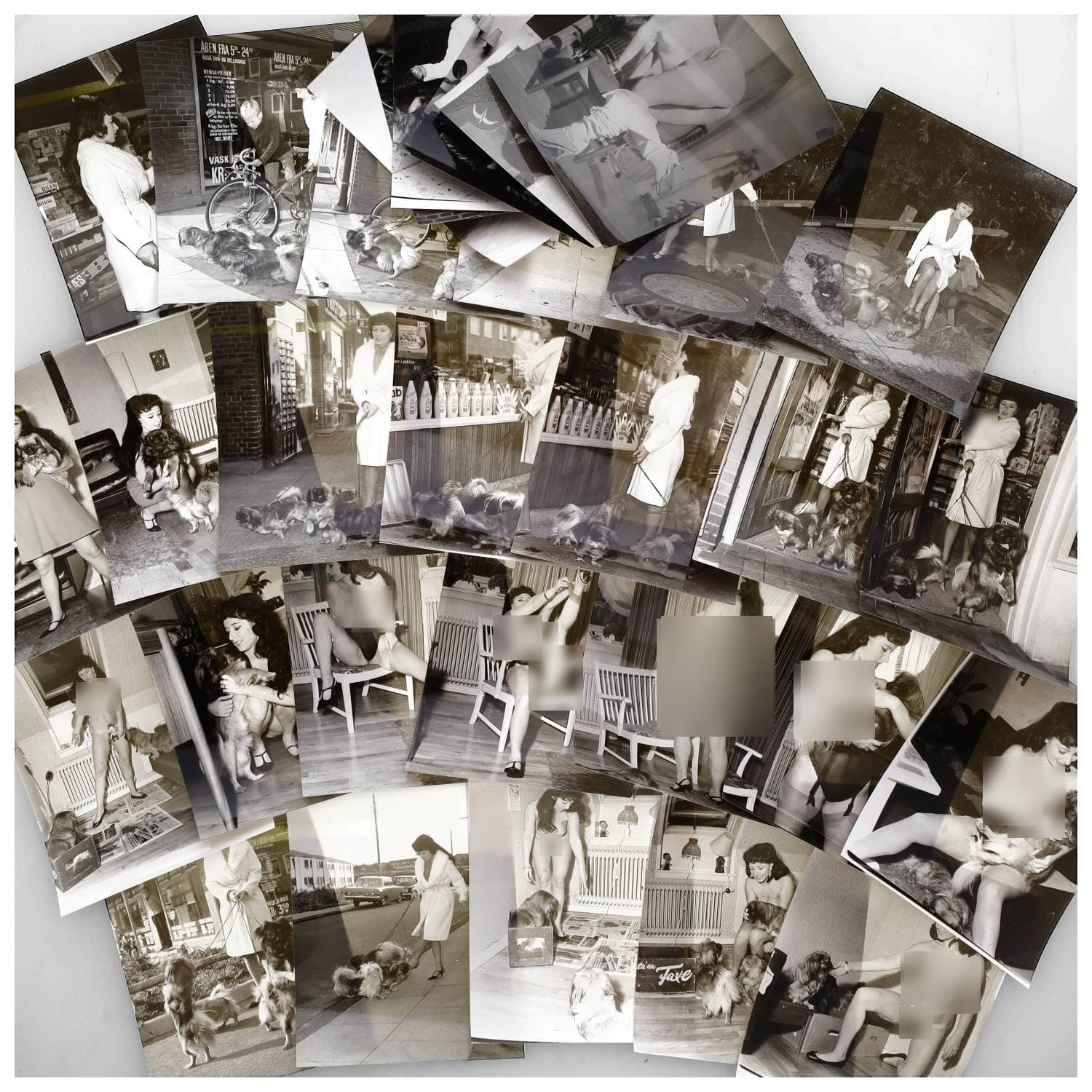 Erotica, étude de nu, photographies érotiques et divers. Circa 1950-70. Ensemble d’une trentaine de tirages argentiques. Exemples de sujets : femmes nues, dénudées, sexe féminin, animaux de compagnie, chiens, etc. Sur certains versos, annotations. Divers états (dont gondolements et traces) et formats entiers moyens environ 24 x 18,5 cm.