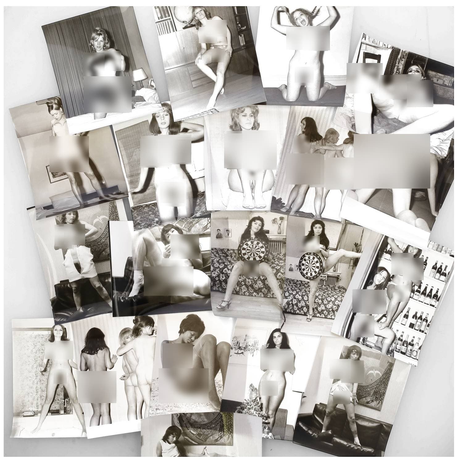 Erotica, étude de nu, photographies érotiques et divers. Circa 1950-70. Ensemble d’une vingtaine de tirages argentiques. Exemples de sujets : femmes nues, dénudées, sexe féminin, macrophotographie, etc. Sur certains versos, annotations. Divers états (dont gondolements et traces) et formats entiers moyens environ 24 x 18 cm.