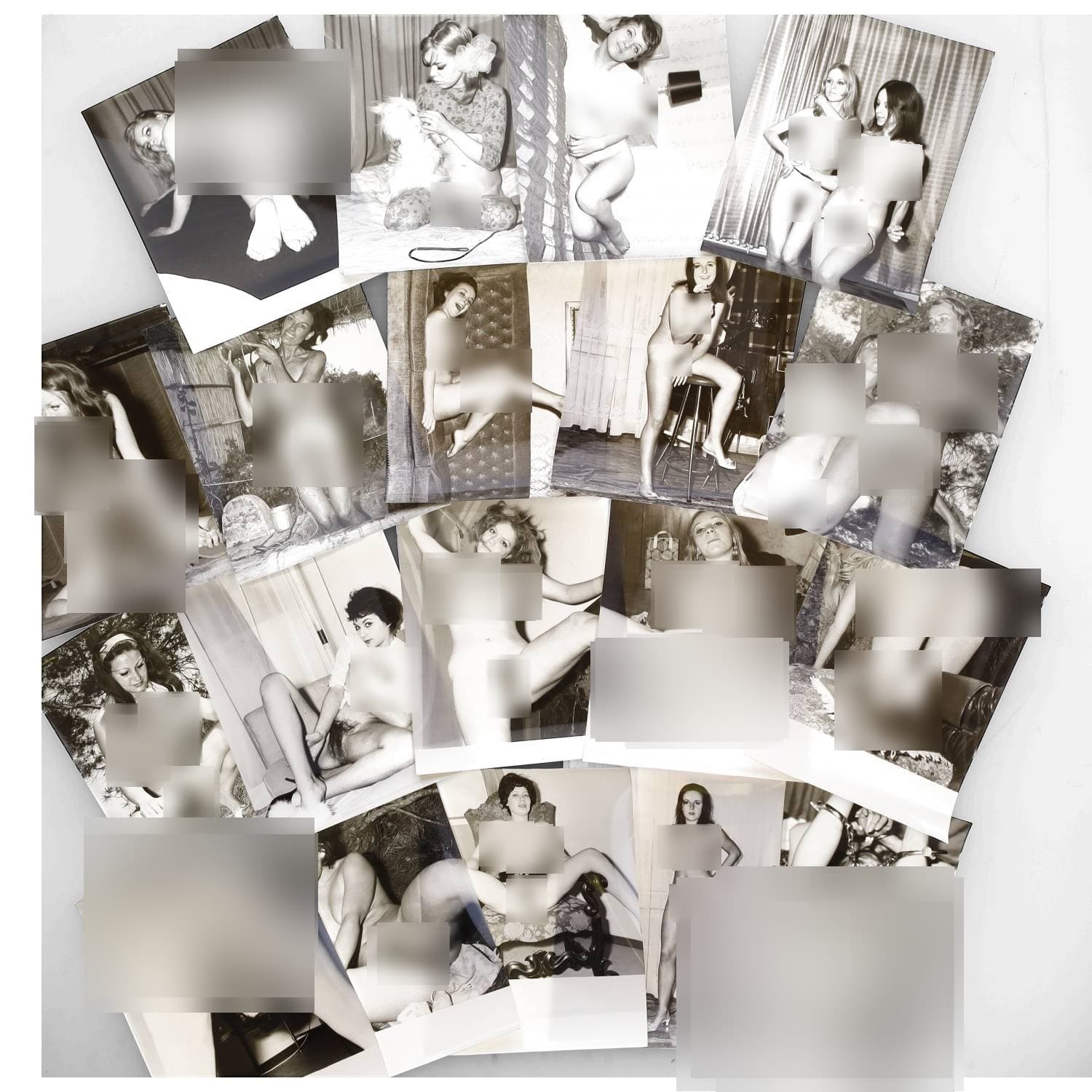Erotica, étude de nu, photographies érotiques, pornographiques et divers. Circa 1950-70. Ensemble d’une vingtaine de tirages argentiques. Exemples de sujets : femmes nues, dénudées, sexe féminin, macrophotographie, menottes, chien, etc. Sur certains versos, annotations. Divers états (dont gondolements et traces) et formats entiers moyens environ 24 x 18 cm.
