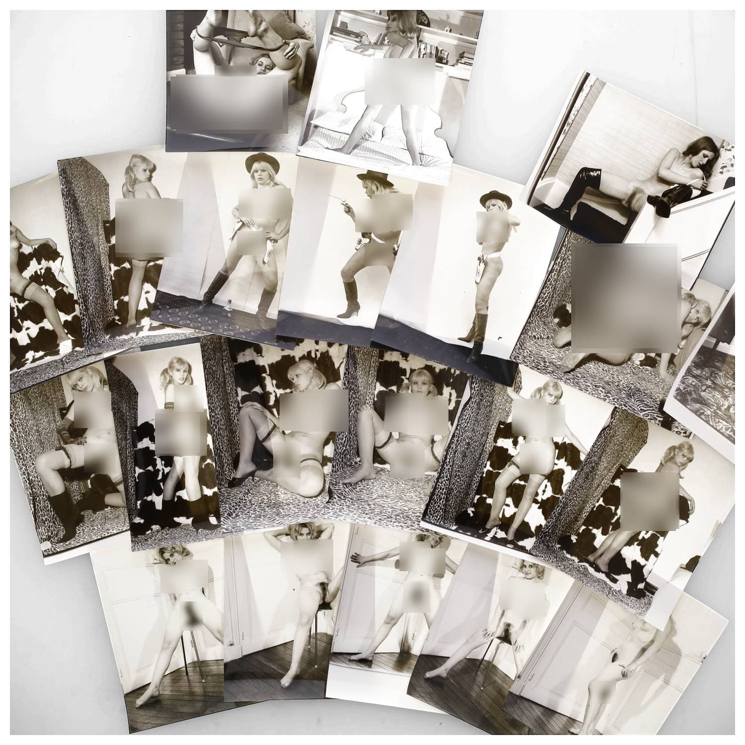 Erotica, étude de nu, photographies érotiques, pornographiques et divers. Circa 1950-70. Ensemble d’une vingtaine de tirages argentiques principalement d’époque. Exemples de sujets : femmes nues, dénudées, sexe féminin, macrophotographie, fessiers, etc. Sur certains versos, annotations et/ou copyright (exemple : Mario A. COSTA). Divers états (dont gondolements et traces) et formats entiers moyens environ 24 x 18 cm.