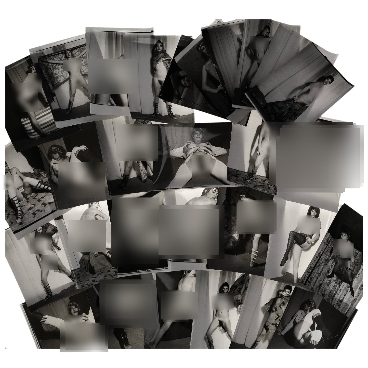 Erotica, étude de nu, photographies érotiques, pornographiques et divers. Circa 1950-70. Ensemble d’une trentaine de tirages argentiques. Exemples de sujets : femme nue, dénudée, sexe féminin, macrophotographie, fessiers, etc. Sur certains versos, annotations. Divers états (dont gondolements et traces) et formats entiers moyens environ 24 x 18 cm.