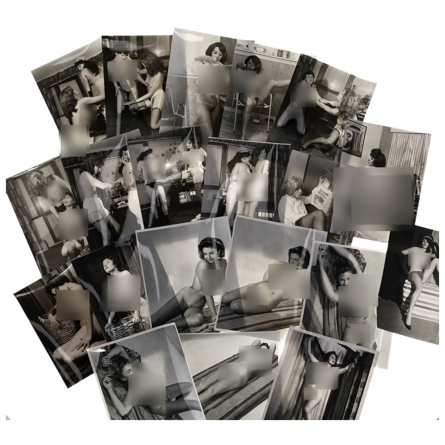 Erotica, étude de nu, photographies érotiques et divers. Circa 1950-70. Ensemble d’une vingtaine de tirages argentiques. Exemples de sujets : femmes nues, dénudées, sexe féminin, macrophotographie, etc. Sur certains versos, annotations et/ou copyright. Divers états (dont gondolements et traces) et formats entiers moyens environ de 24 x 18 cm à 25,5 x 20,5 cm.