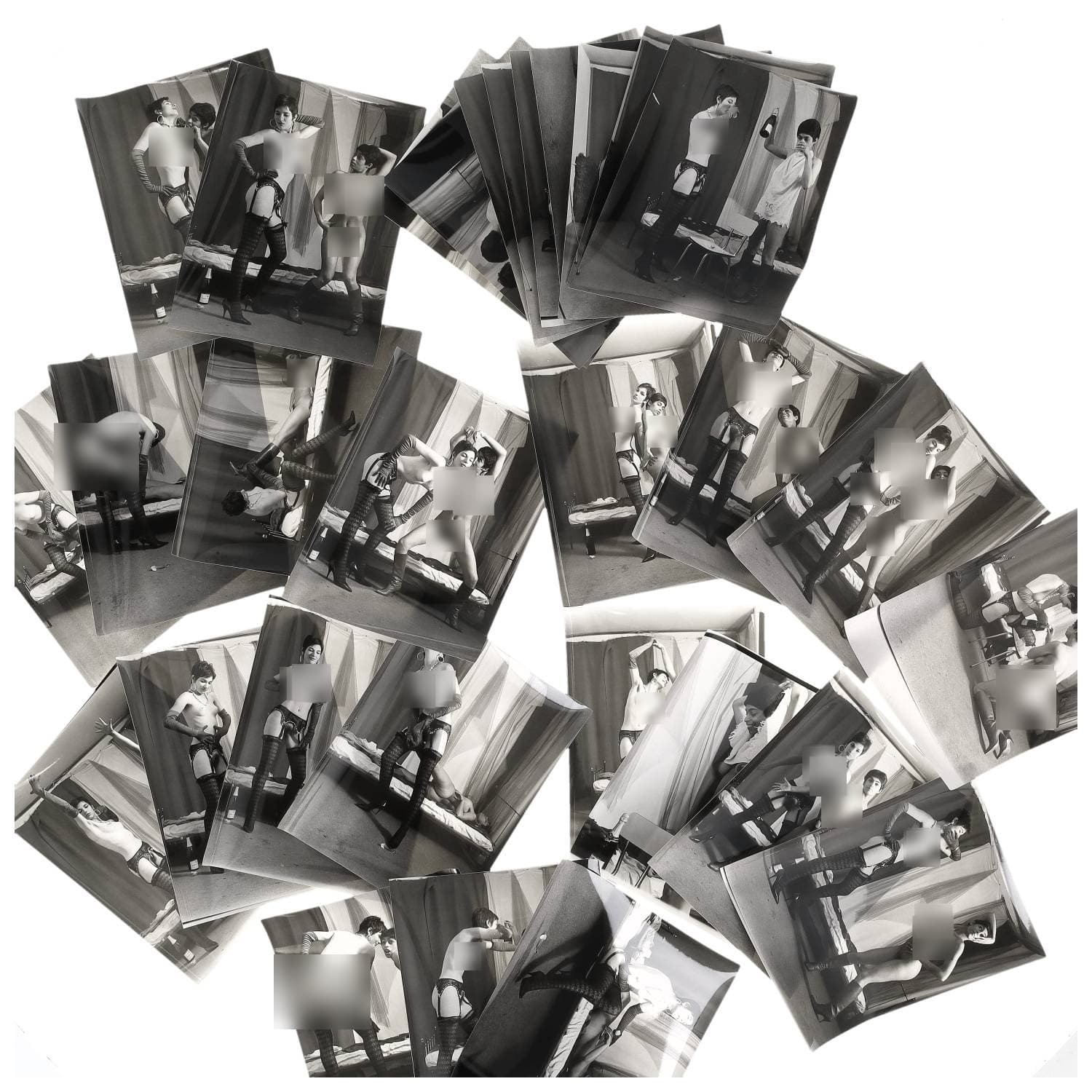Erotica, étude de nu, photographies érotiques et divers. Circa 1950-70. Ensemble d’une trentaine de tirages argentiques. Exemples de sujets : femmes nues, dénudées, sexe féminin, macrophotographie, etc. Sur certains versos, annotations. Divers états (dont gondolements, plis et traces) et formats entiers moyens environ 24 x 18 cm.