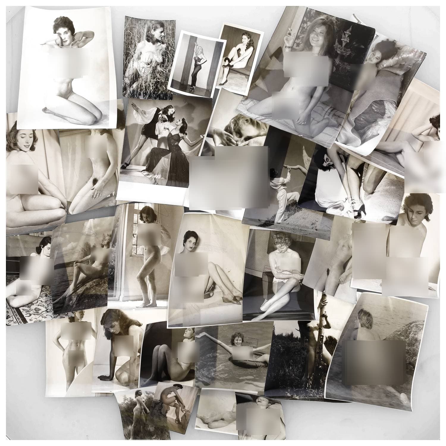 Erotica, étude de nu, photographies érotiques et divers. Circa 1950-70. Ensemble d’une trentaine de tirages argentiques principalement d’époque. Exemples de sujets : femmes nues, dénudées, sexe féminin, etc. Sur certains versos, annotations et/ou copyright. Divers états (dont gondolements, plis et traces) et formats entiers moyens environ de 11 x 8 cm à 27 x 21 cm.