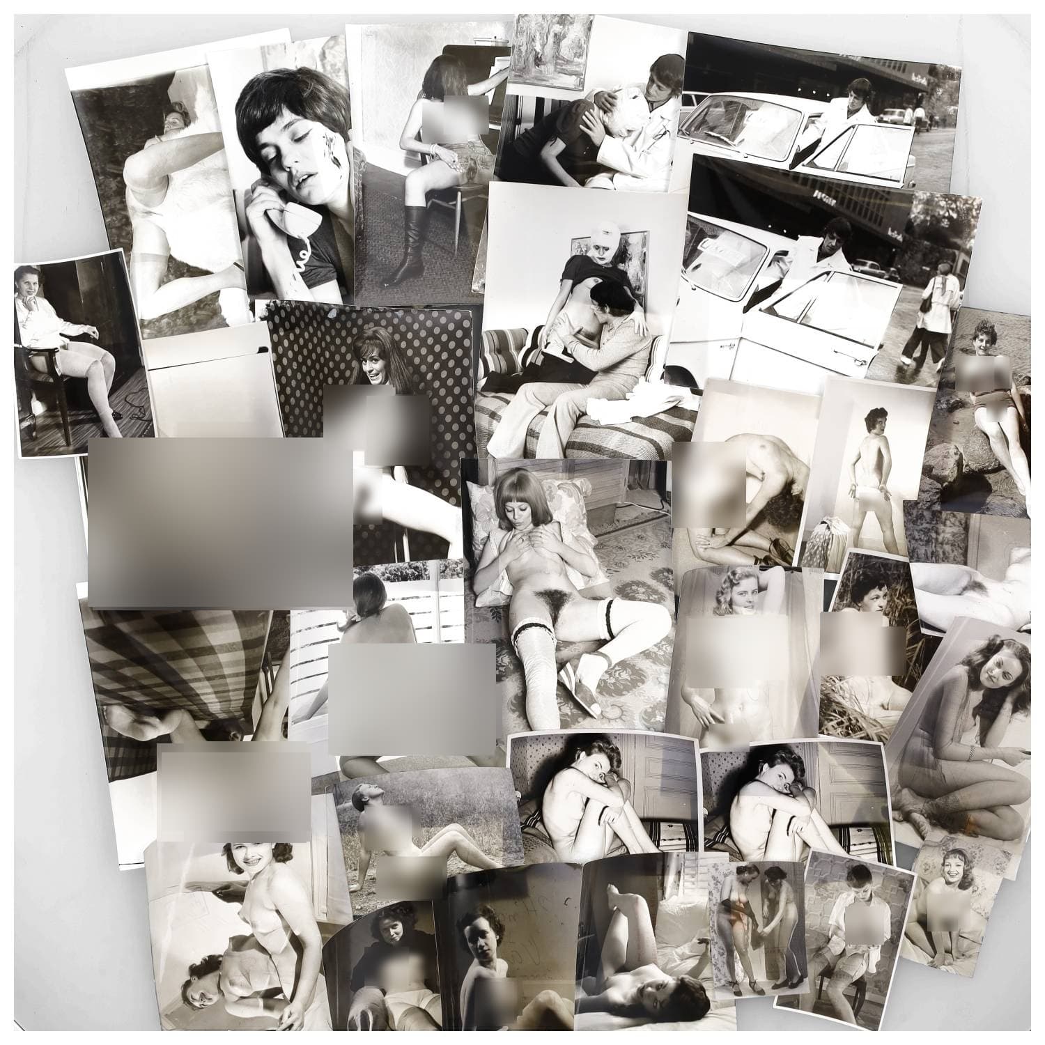 Erotica, étude de nu, photographies érotiques et divers. Circa 1950-70. Ensemble d’une trentaine de tirages argentiques principalement d’époque. Exemples de sujets : femmes nues, dénudées, sexe féminin, etc. Sur certains versos, annotations et/ou copyright. Divers états (dont gondolements, plis et traces) et formats entiers moyens environ de 12 x 8 cm à 25 x 20 cm.