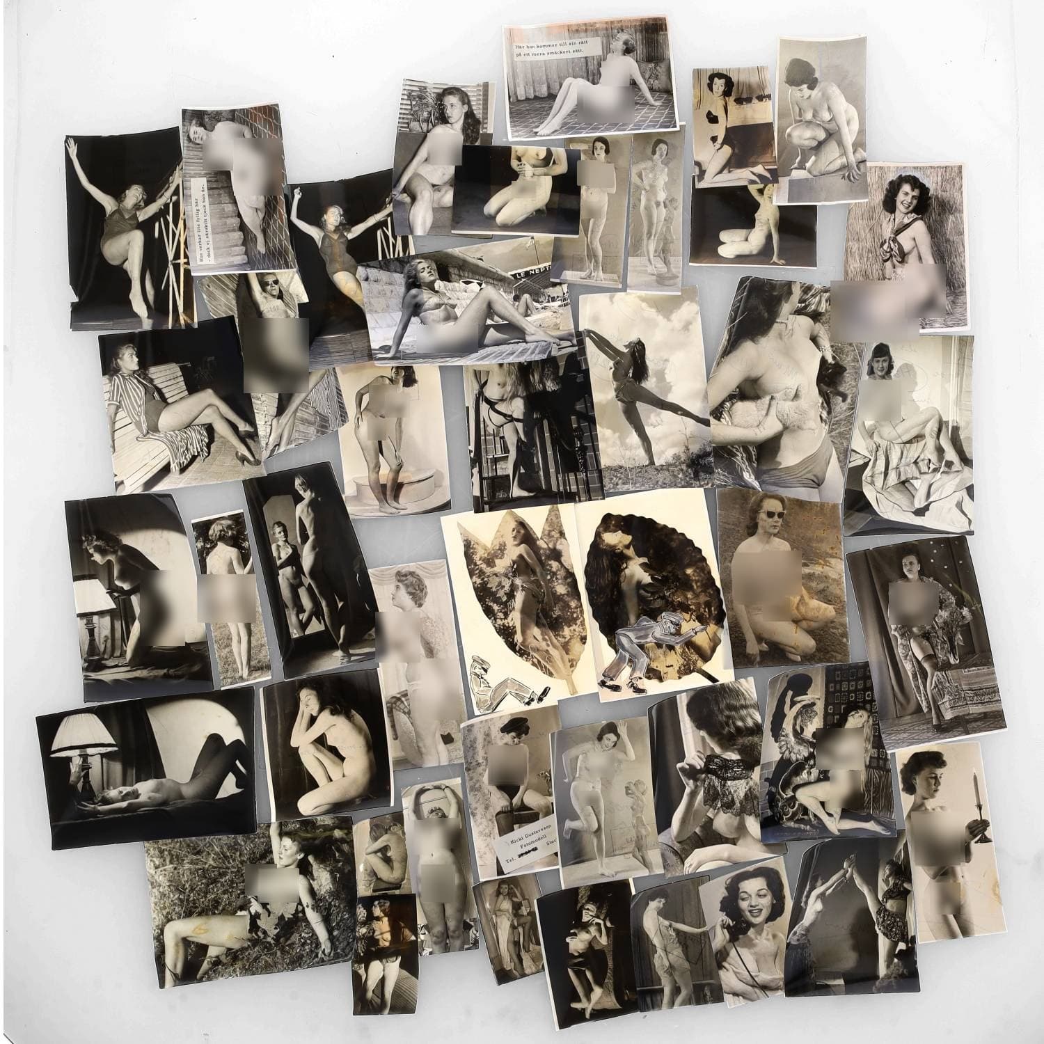 Erotica, étude de nu, photographies érotiques et divers. Circa 1950-60's. Ensemble d’une quarantaine de tirages argentiques principalement d’époque. Exemples de sujets : femmes nues, dénudées, sexe féminin, etc. Sur certains versos, annotations et/ou copyright. Divers états (dont gondolements, plis et traces) et formats entiers moyens environ de 7,5 x 5,5 cm à 17,5 x 12,5 cm.