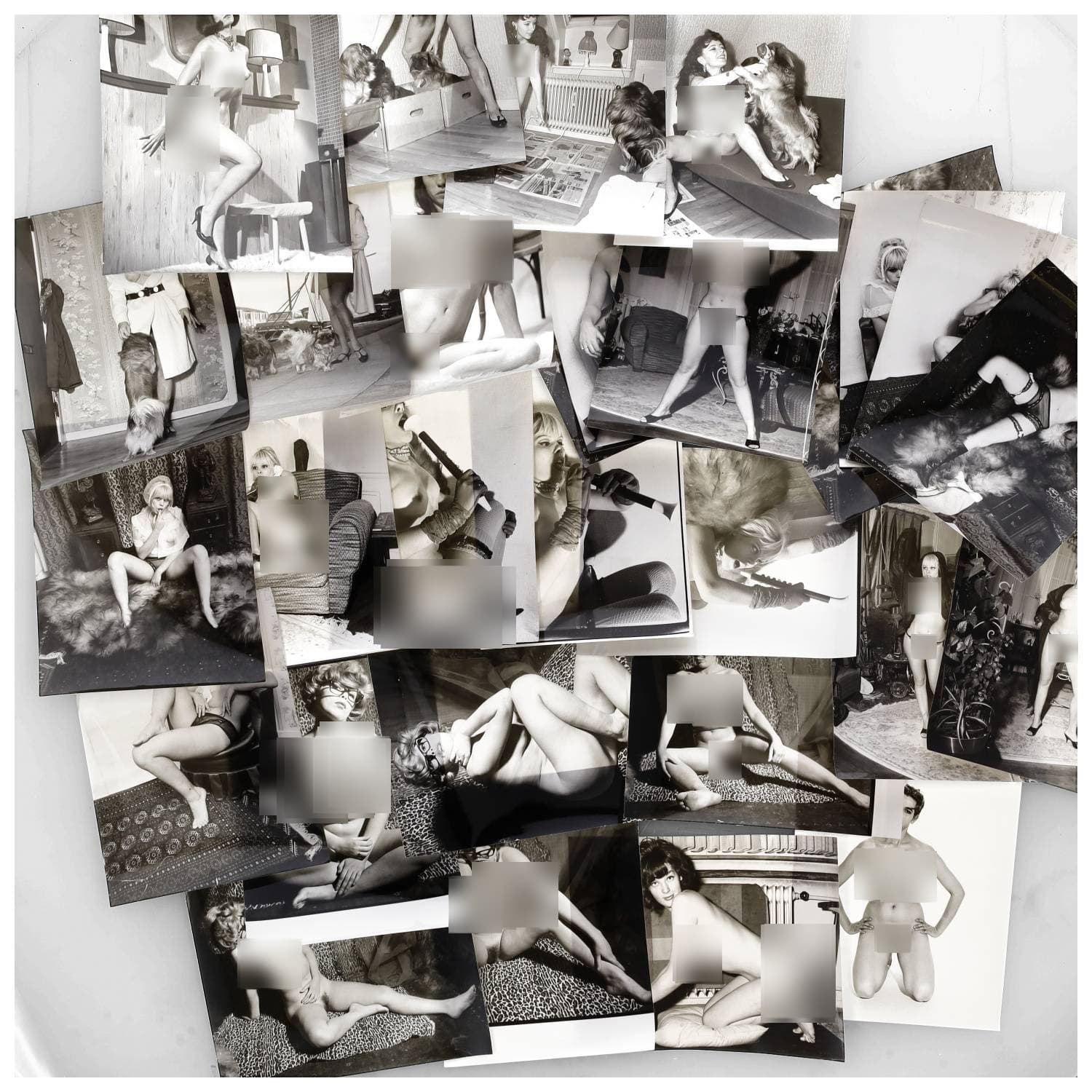 Erotica, étude de nu, photographies érotiques et divers. Circa 1950-70. Ensemble d’une trentaine de tirages argentiques. Exemples de sujets : femmes nues, dénudées, sexe féminin, animal de compagnie, chiens, etc. Sur certains versos, annotations et/ou copyright. Divers états (dont gondolements, plis et traces) et formats entiers moyens environ de 23 x 19 cm à 25,5 x 20,4 cm.