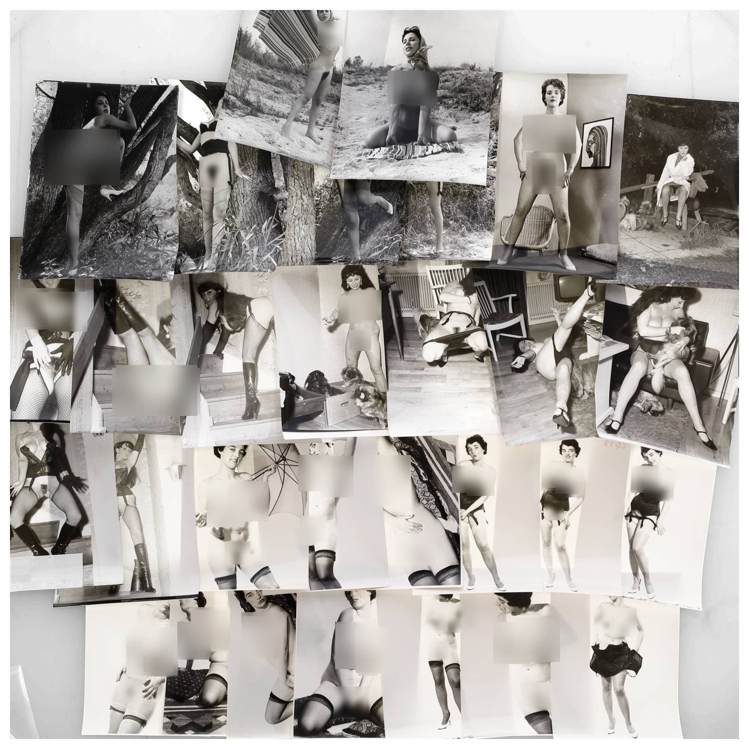 Erotica, étude de nu, photographies érotiques et divers. Circa 1950-70. Ensemble d’une trentaine de tirages argentiques. Exemples de sujets : femmes nues, dénudées, sexe féminin, animal de compagnie, chiens, etc. Sur certains versos, annotations. Divers états (dont gondolements, plis et traces) et formats entiers moyens environ de 21 x 16 cm à 25 x 19 cm.