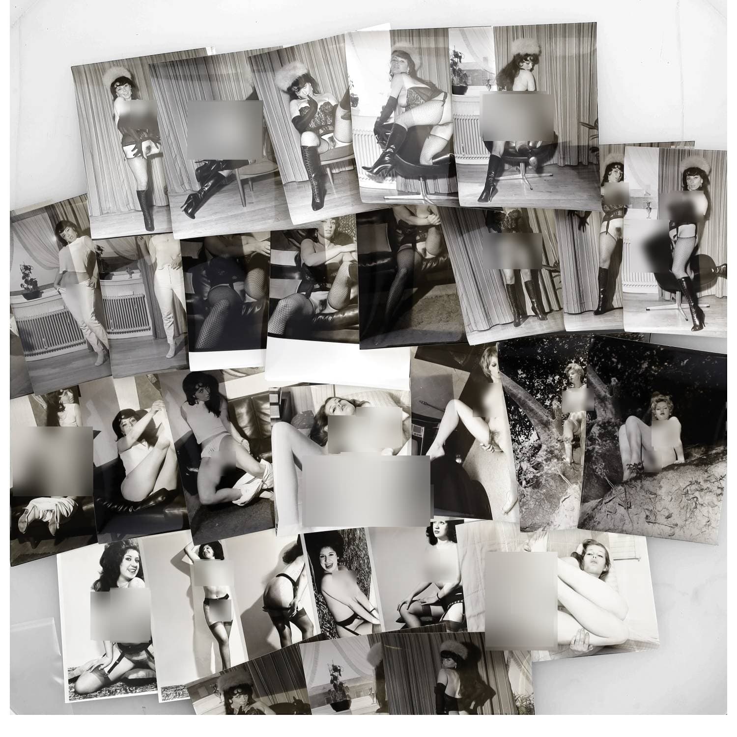 Erotica, étude de nu, photographies érotiques et divers. Circa 1950-70. Ensemble d’une trentaine de tirages argentiques. Exemples de sujets : femmes nues, dénudées, sexe féminin, etc. Sur certains versos, annotations. Divers états (dont gondolements, plis et traces) et formats entiers moyens environ de 21,5 x 16,5 cm à 24 x 18,5 cm.