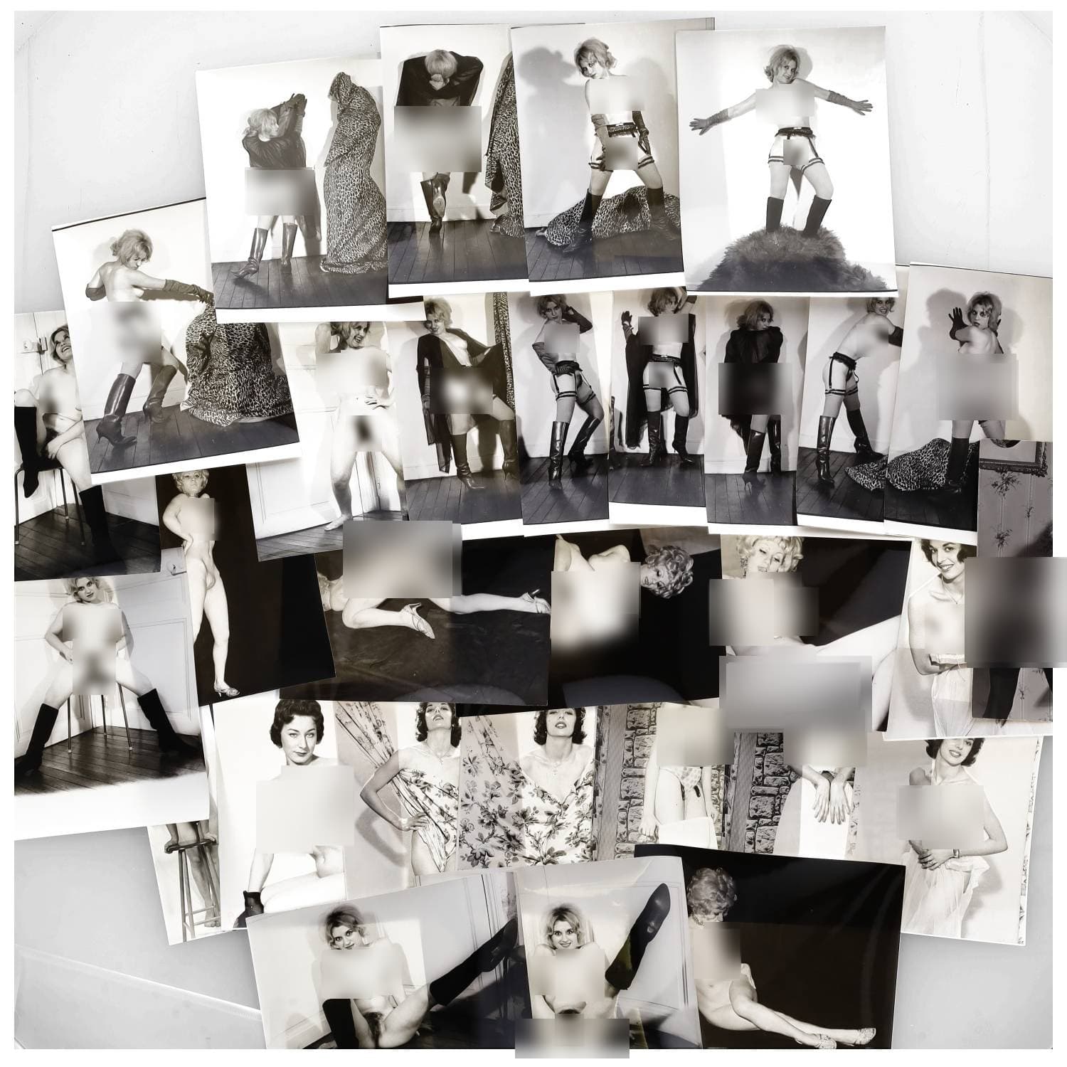 Erotica, étude de nu, photographies érotiques et divers. Circa 1950-70. Ensemble d’une trentaine de tirages argentiques principalement d’époque. Exemples de sujets : femmes nues, dénudées, sexe féminin, chat, etc. Sur certains versos, annotations et/ou copyright (exemple : E. TRIMBY). Divers états (dont gondolements, plis et traces) et formats entiers moyens environ de 20,5 x 7,5 cm à 24 x 19,5 cm.